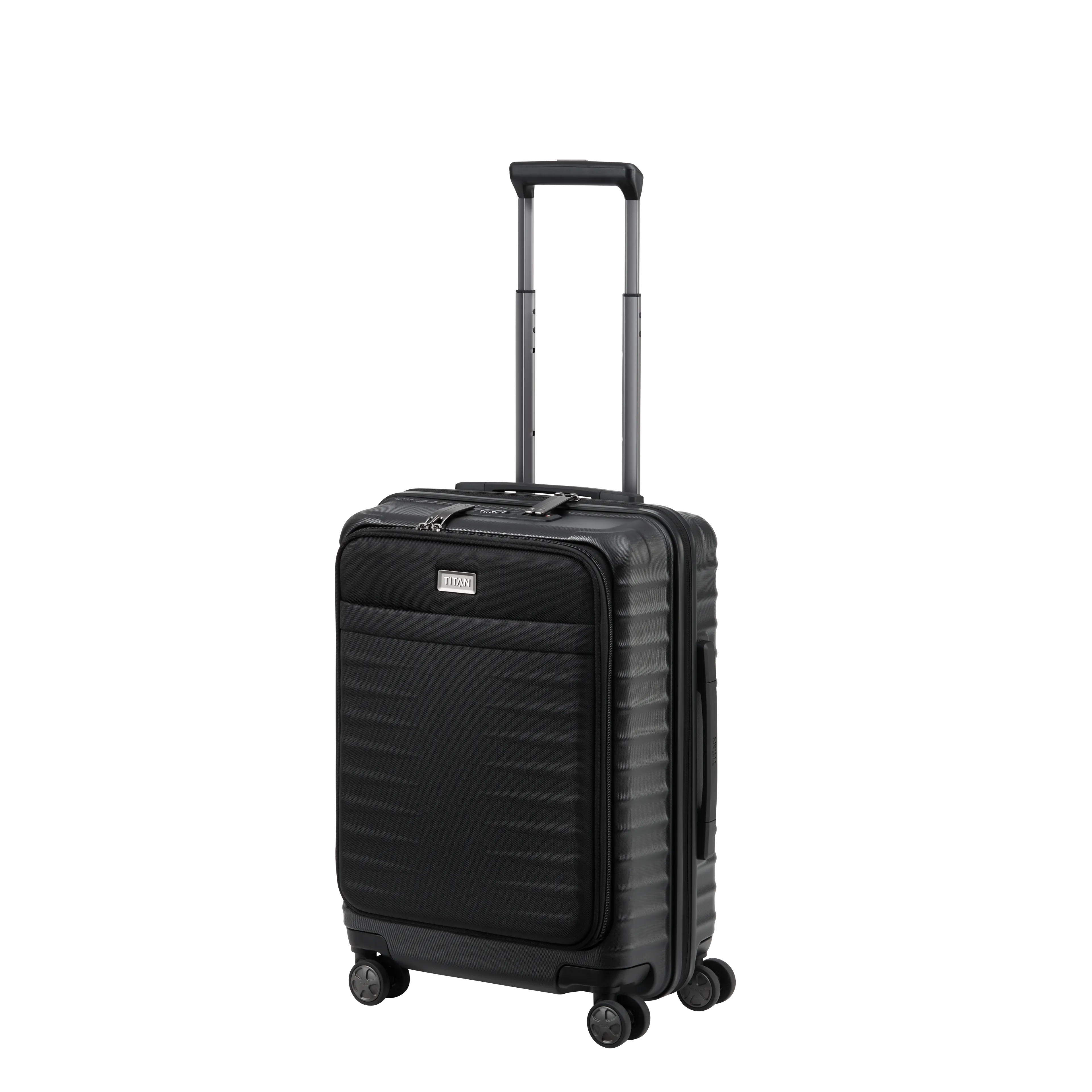 TITAN LITRON mit Vortasche Koffer S 55cm schwarz Ein TITAN Koffer der Serie LITRON mit Vortasche Schrägansicht in schwarz Größe S 55cm