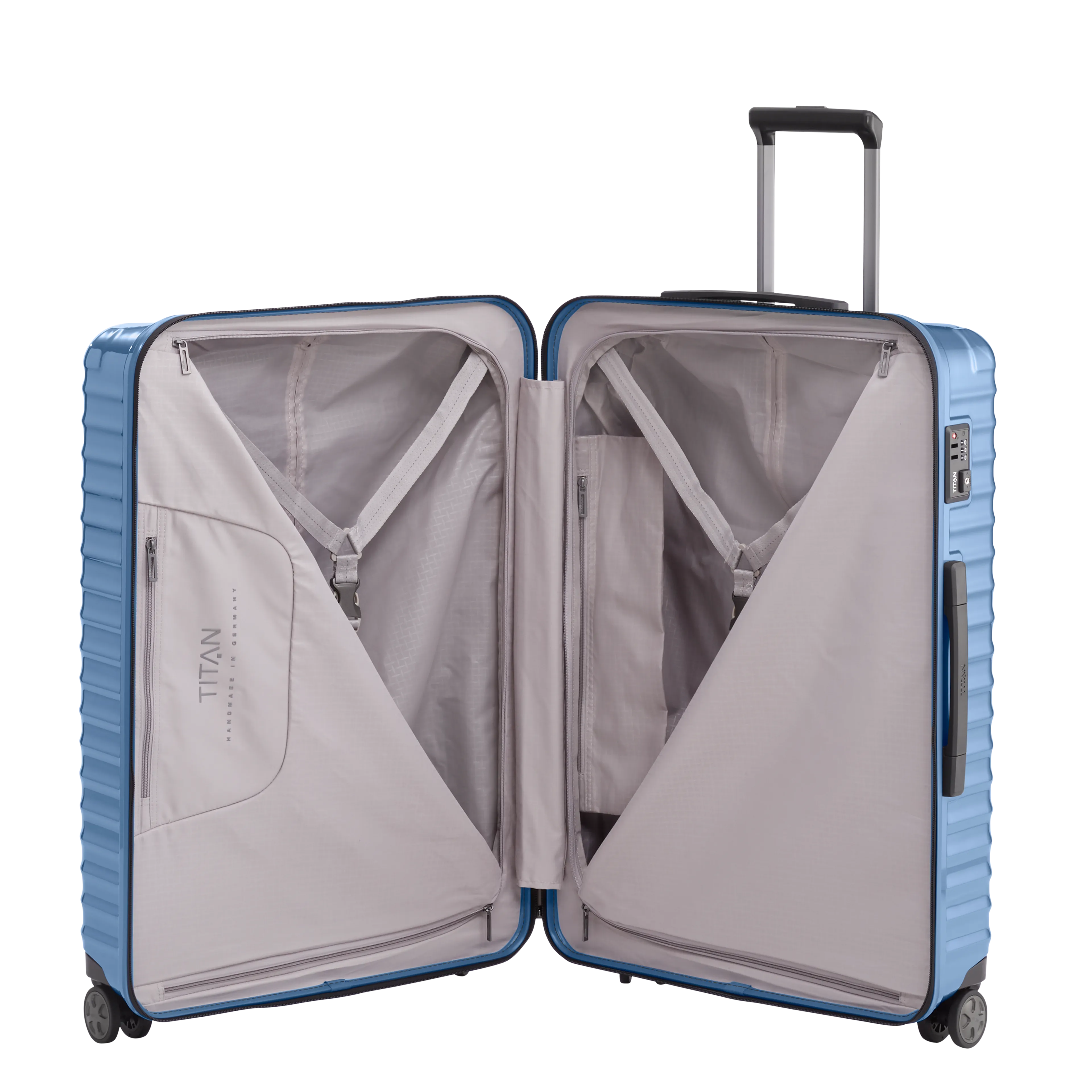 Ein TITAN Koffer der Serie LITRON Innenansicht in eisblau