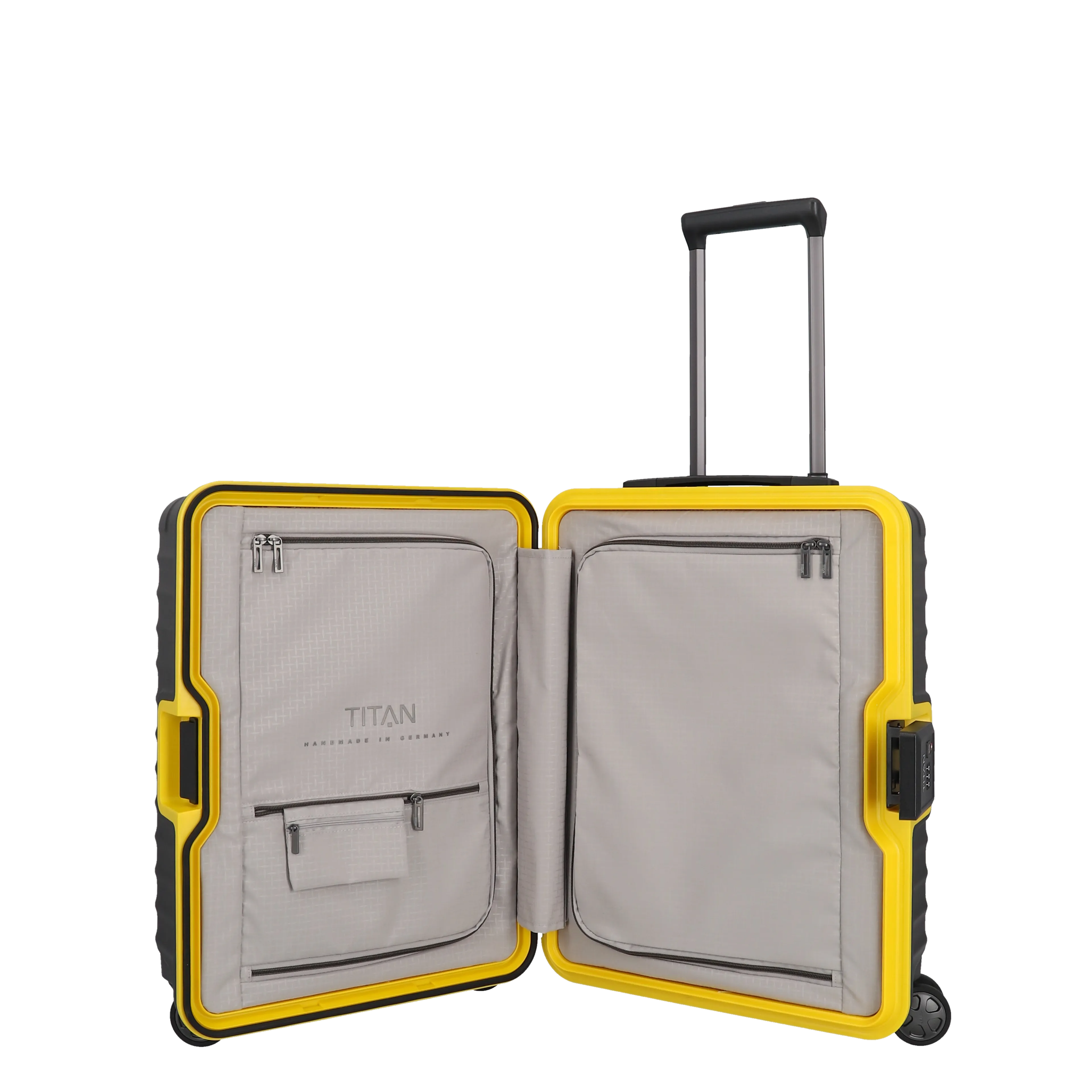 Ein TITAN Koffer der Serie LITRON Frame BVB Edition Innenansicht in schwarz/gelb Größe S 55cm