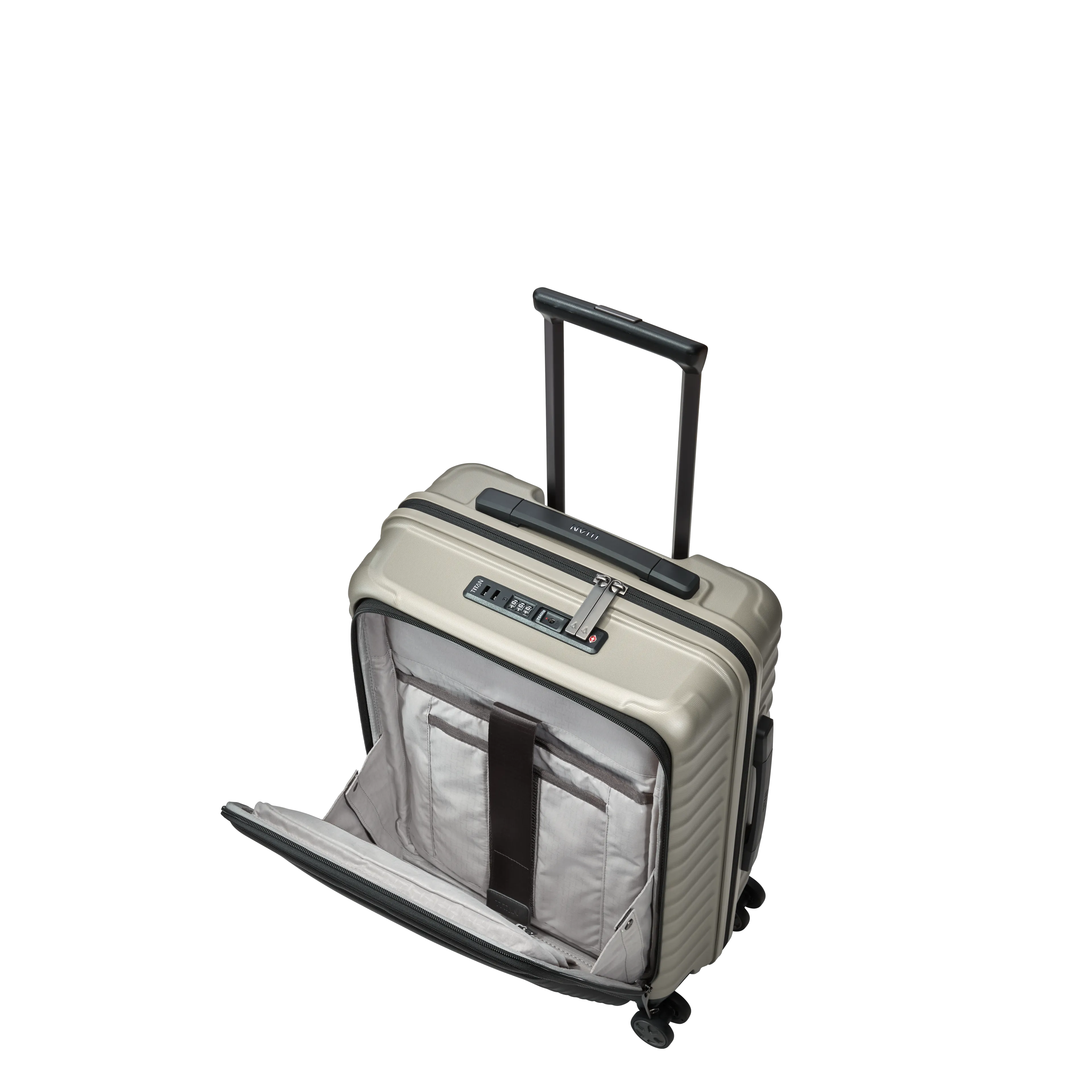Ein TITAN Koffer der Serie LITRON mit Vortasche Schrägansicht mit geöffneter Vortasche in champagner Größe S 55cm