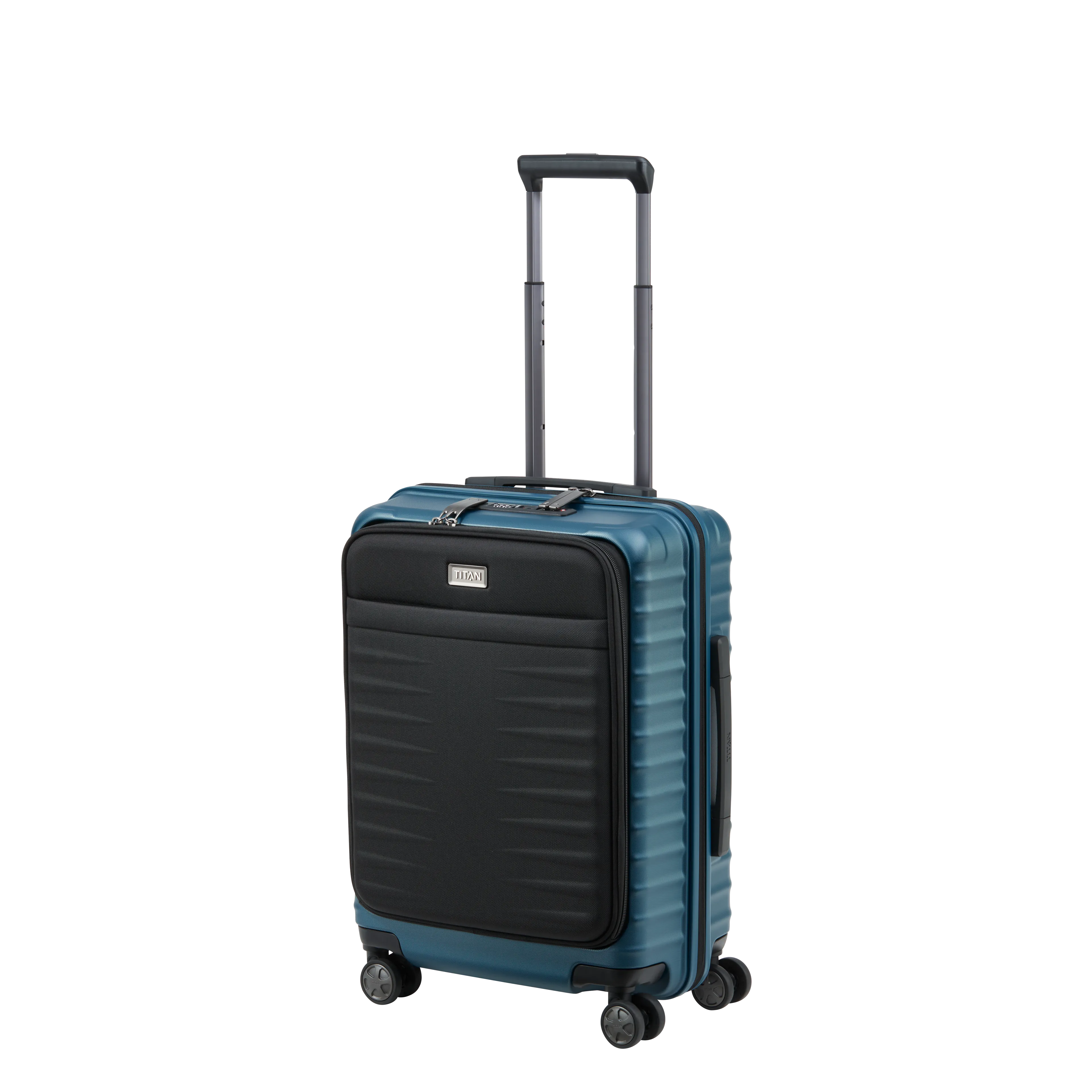 Ein TITAN Koffer der Serie LITRON mit Vortasche Schrägansicht in petrol Größe S 55cm