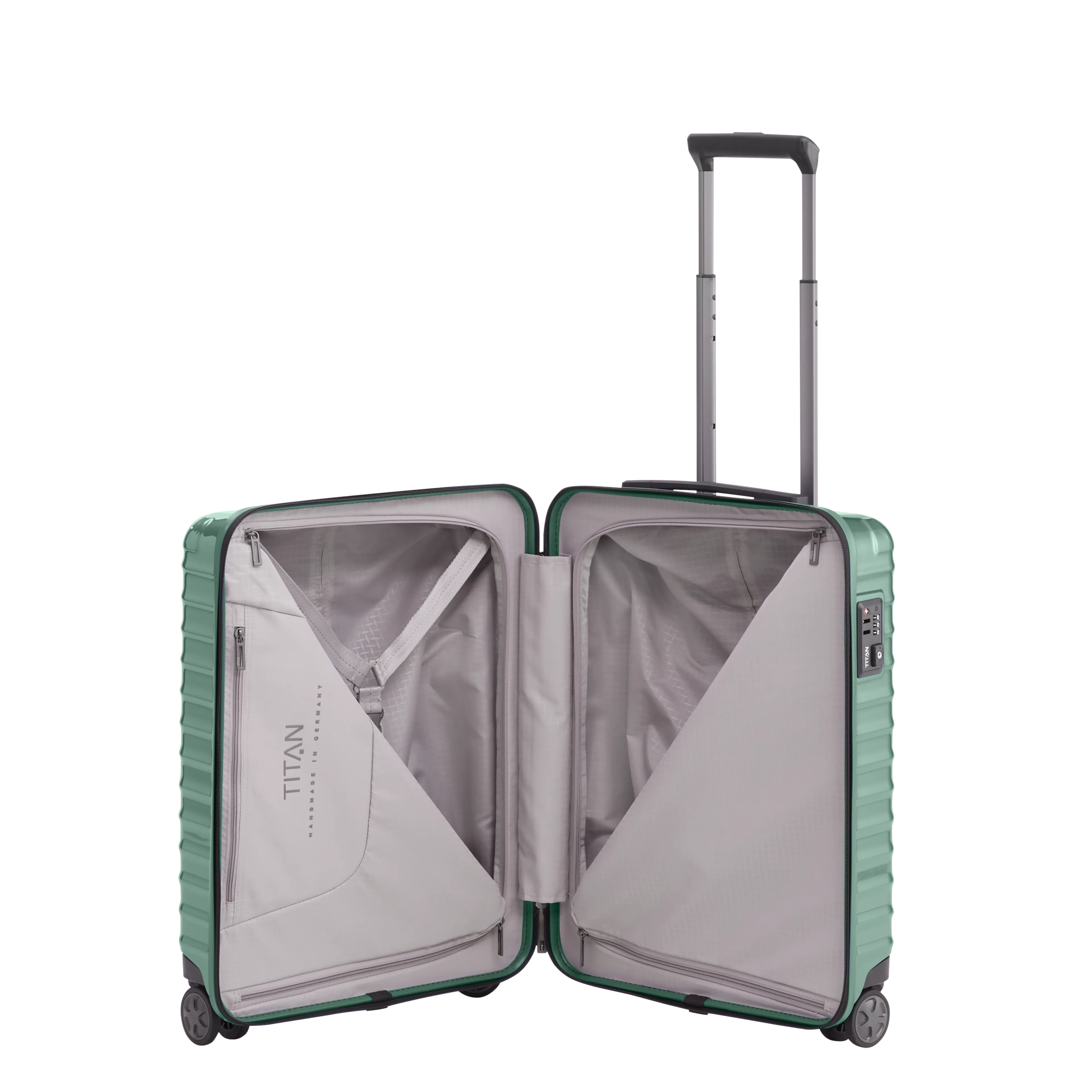 Ein TITAN Koffer der Serie LITRON Innenansicht in traubengrün Größe S 55cm