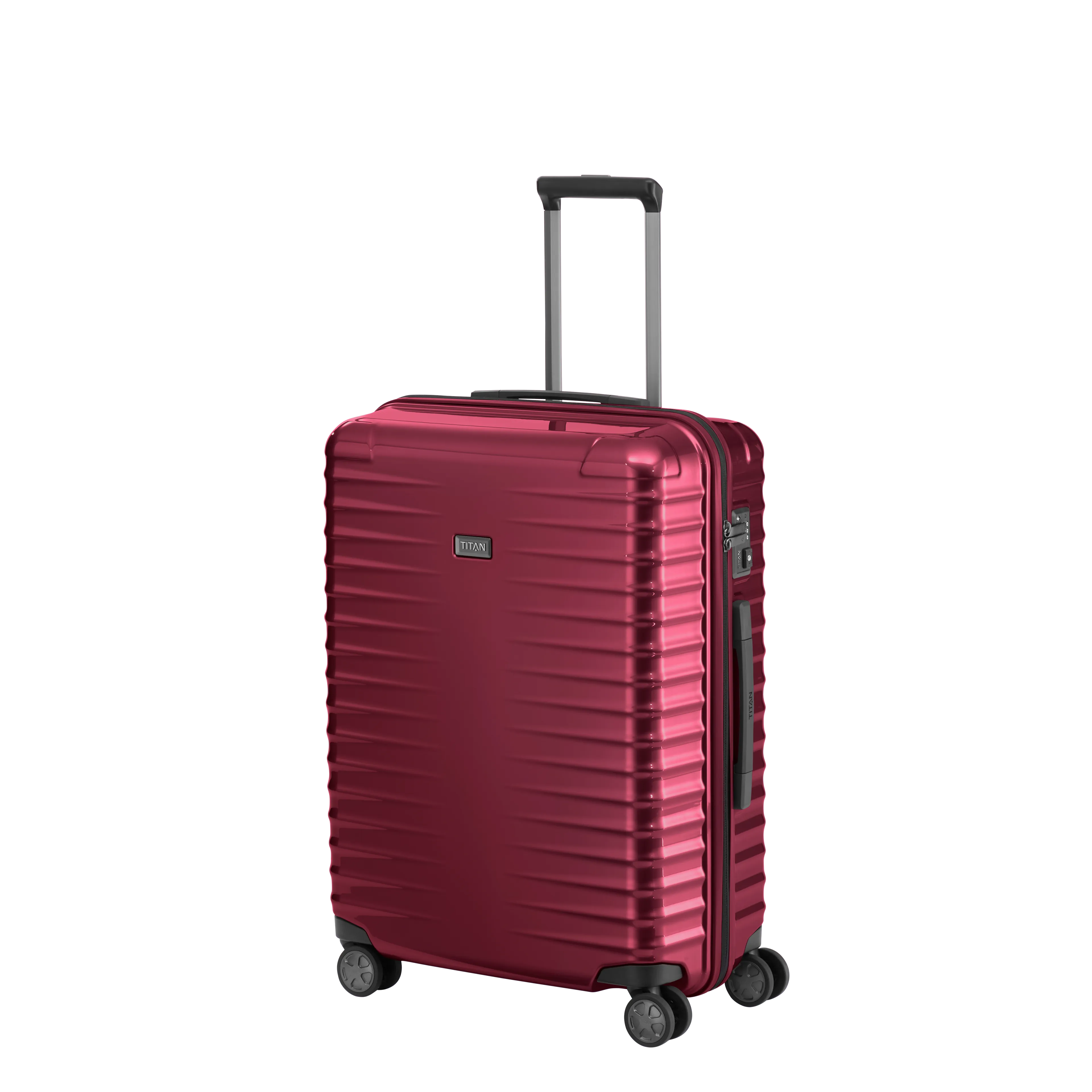 Ein TITAN Koffer der Serie LITRON Schrägansicht in rot Größe M 69cm