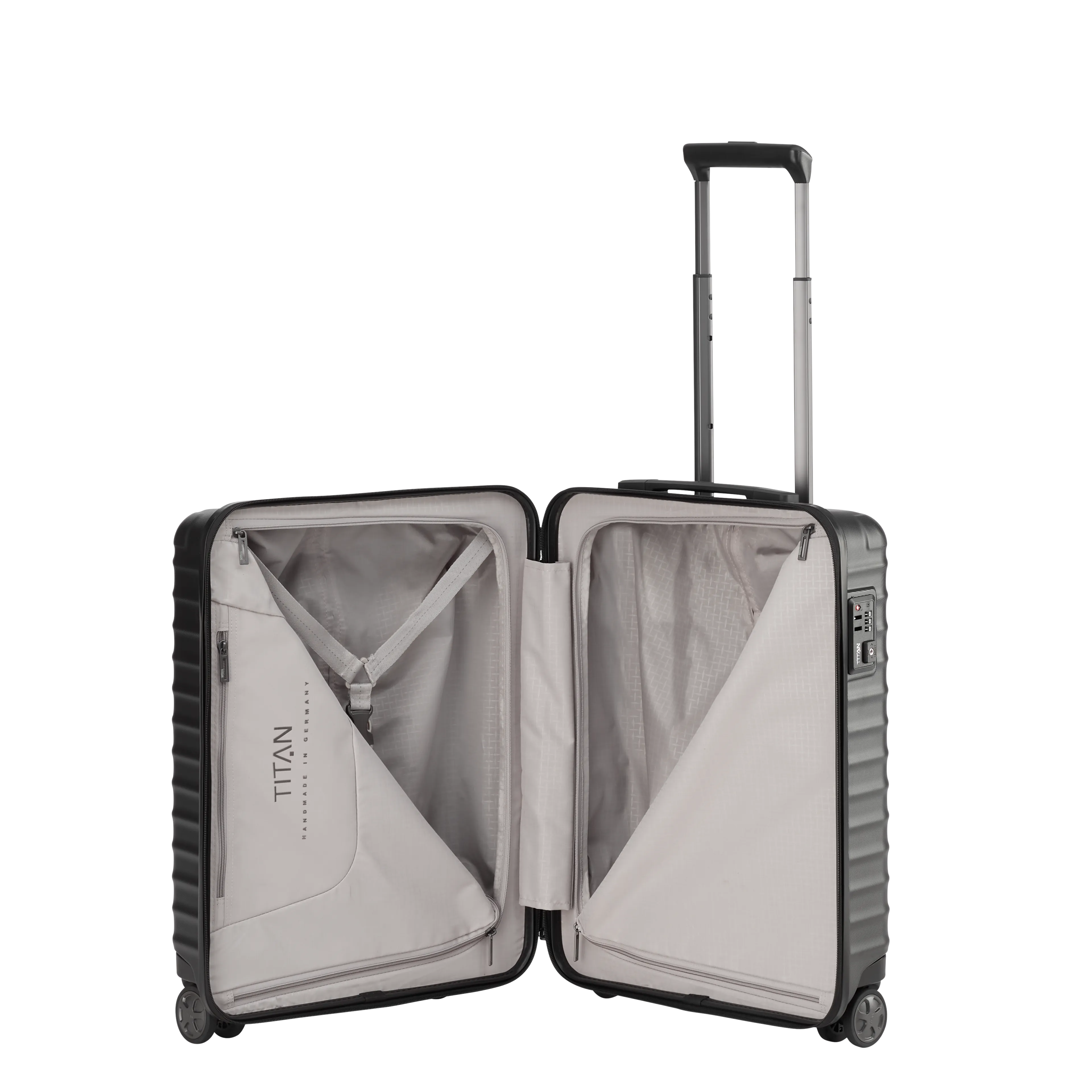 Ein TITAN Koffer der Serie LITRON Innenansicht in schwarz Größe S 55cm