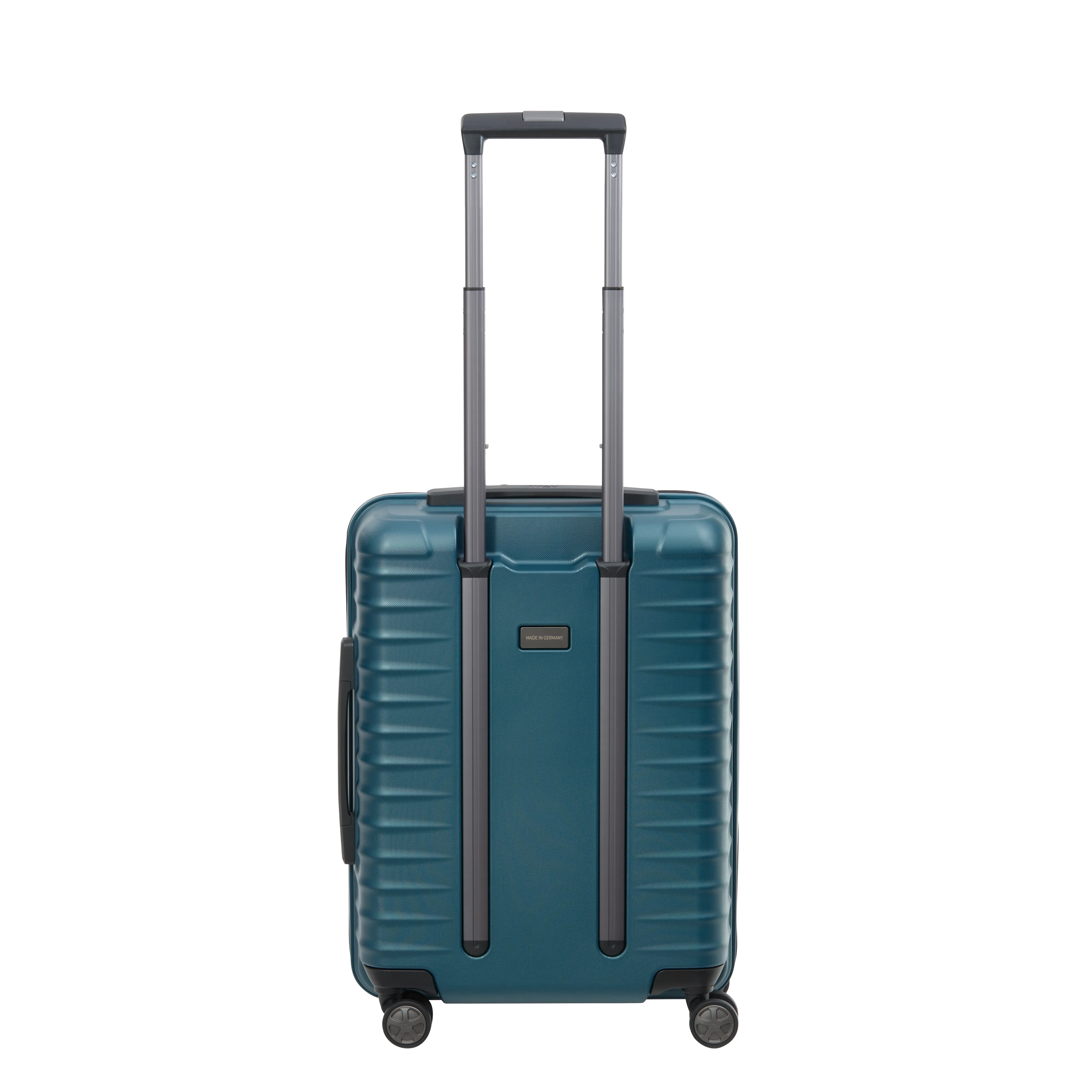 Ein TITAN Koffer der Serie LITRON mit Vortasche Hinteransicht in petrol Größe S 55cm