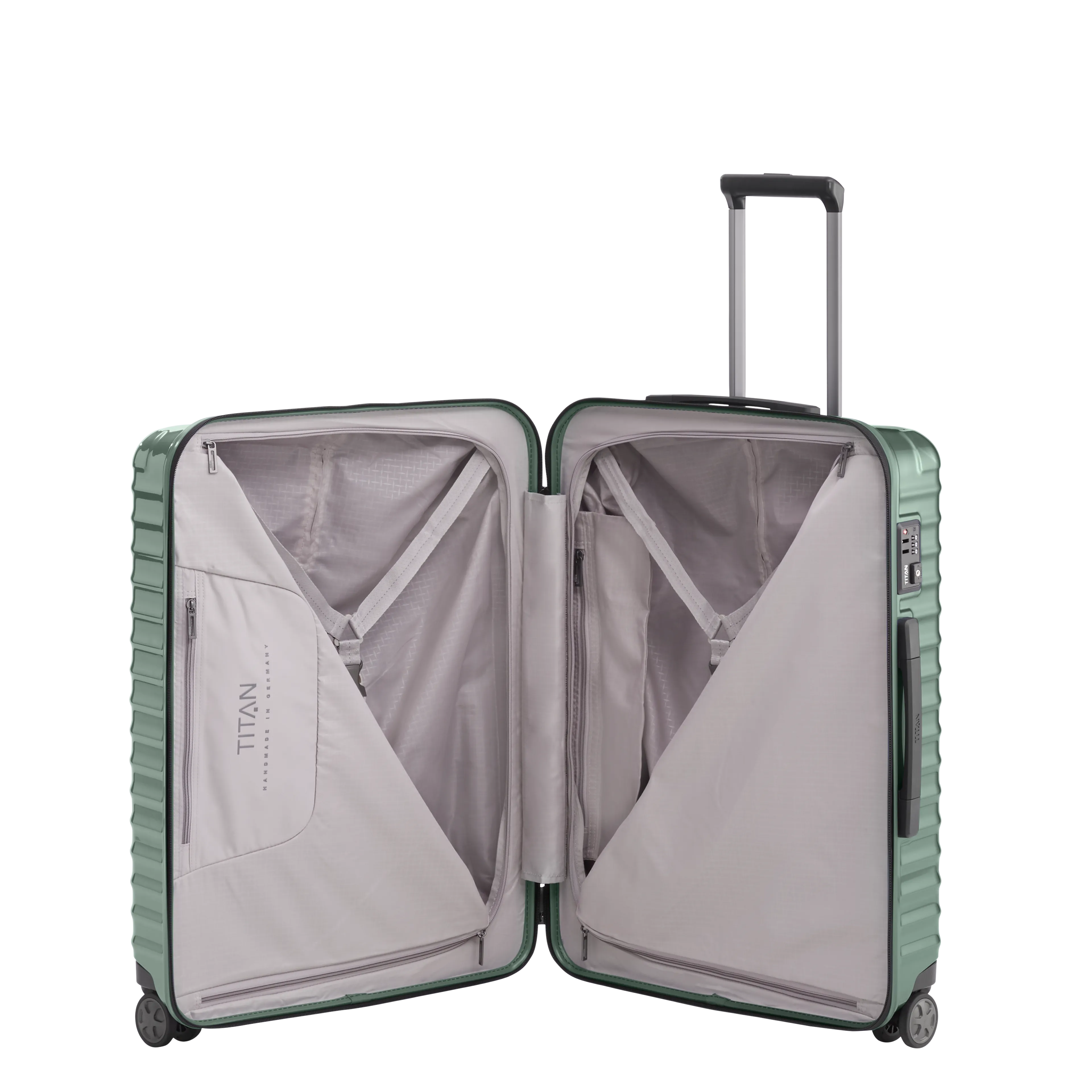 Ein TITAN Koffer der Serie LITRON Innenansicht in traubengrün Größe M 69cm