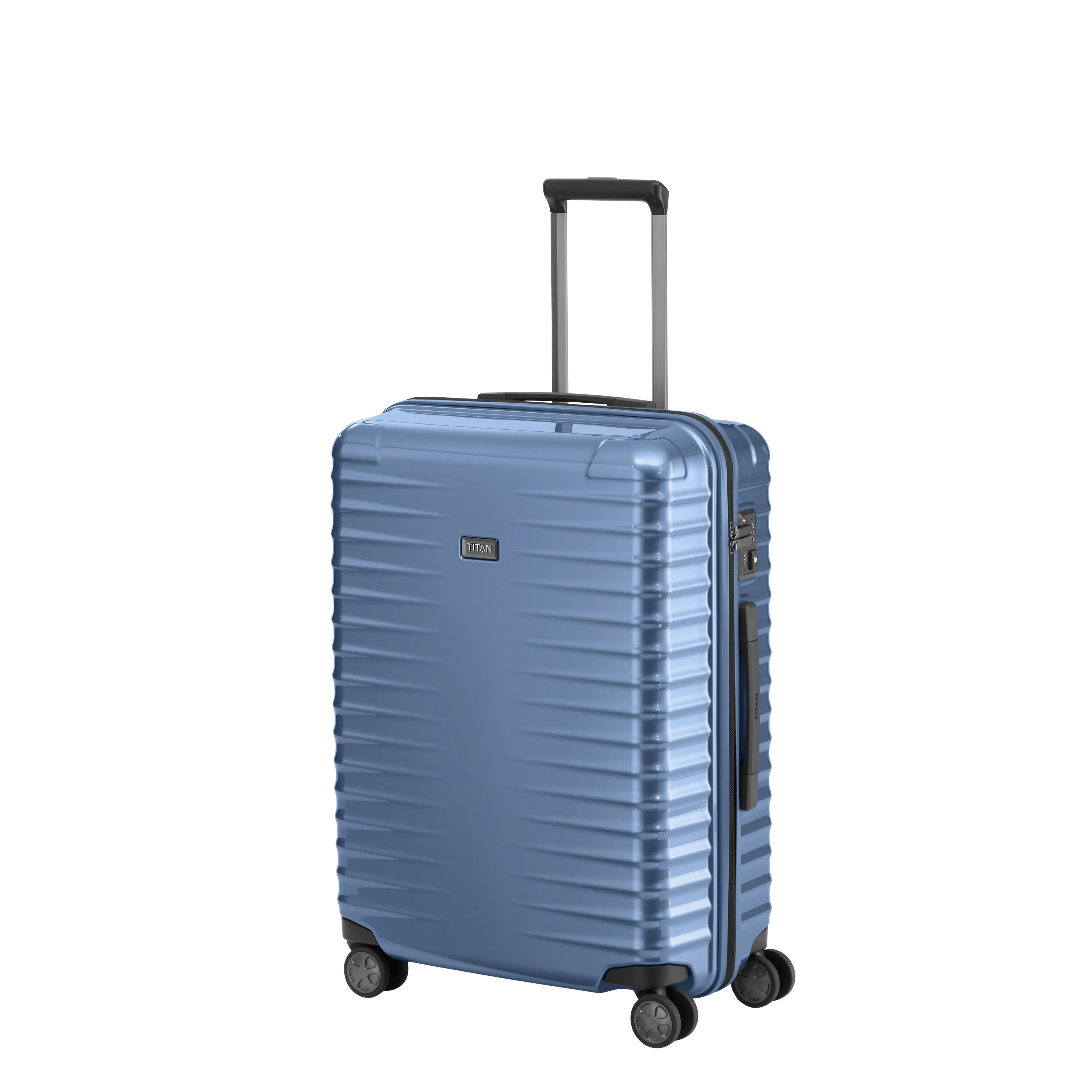 Ein TITAN Koffer der Serie LITRON Schrägansicht in eisblau Größe M 69cm