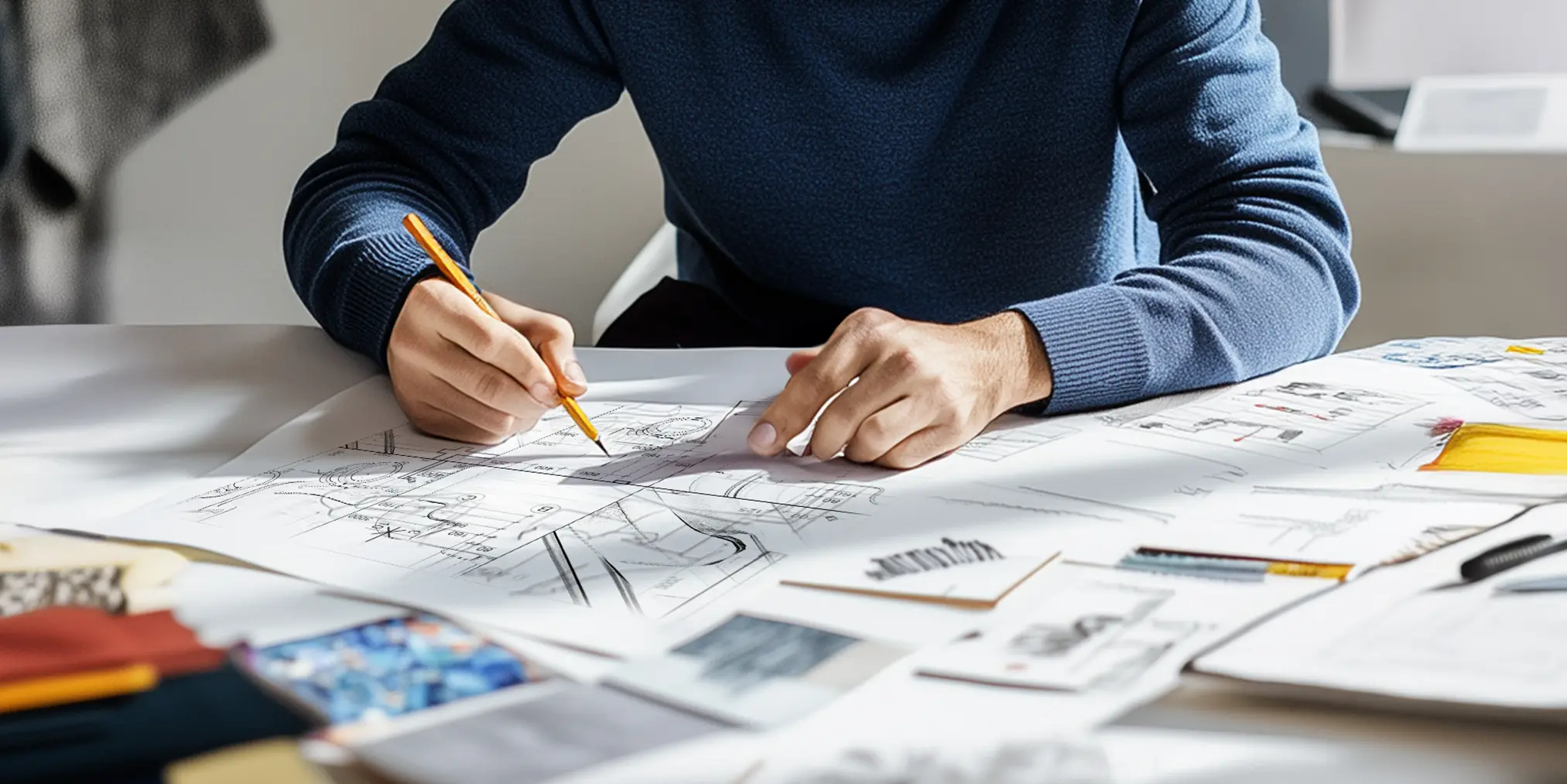 Ein Mensch in einem blauen Pullover sitzt an einem weißen Tisch und arbeitet an einem Bauplan. Er hält einen Bleistift in der Hand und zeichnet Linien auf das Papier. Um ihn herum liegen verschiedene Skizzen, Muster und Stifte.