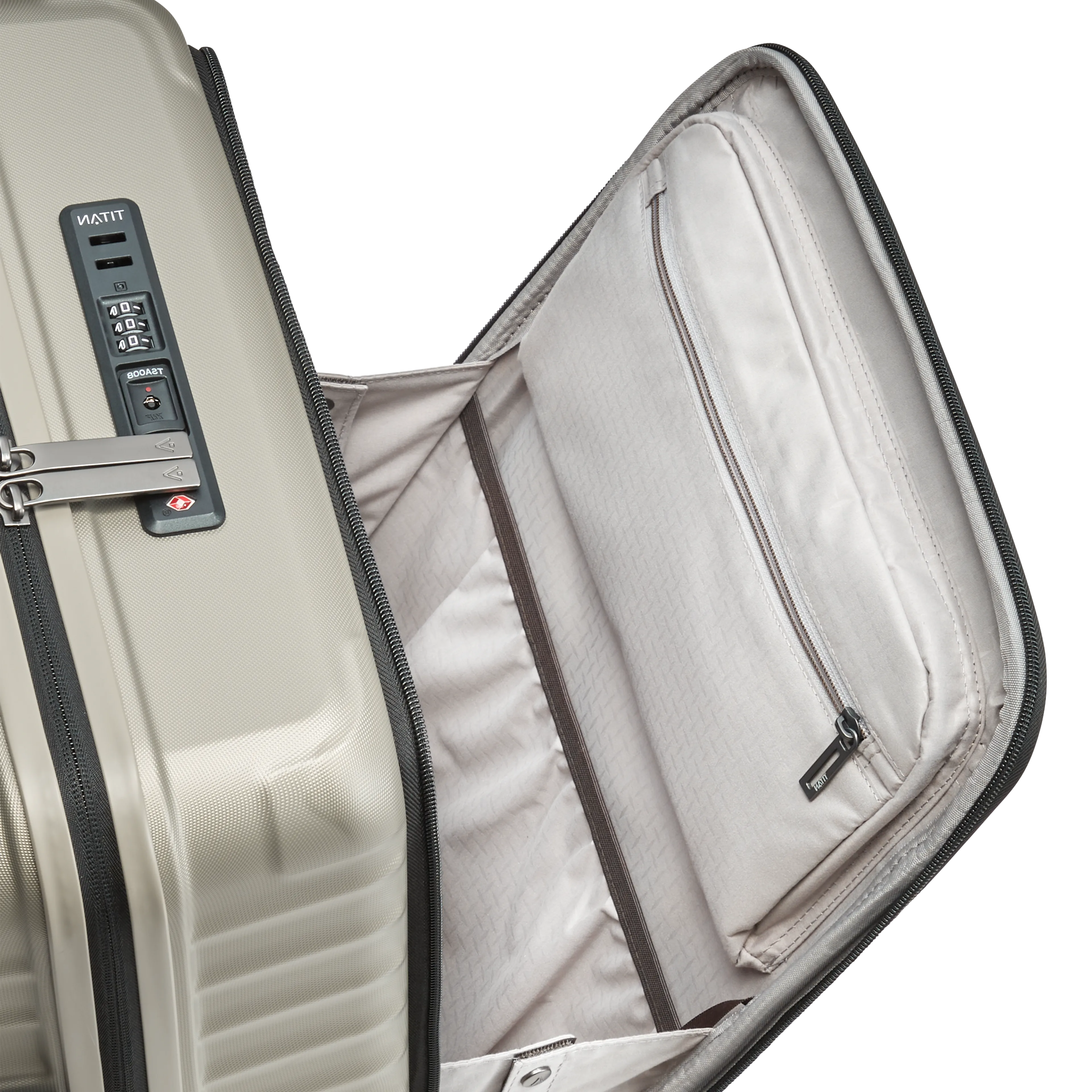 Ein TITAN Koffer der Serie LITRON mit Vortasche geöffnete Vortasche in champagner Größe S 55cm