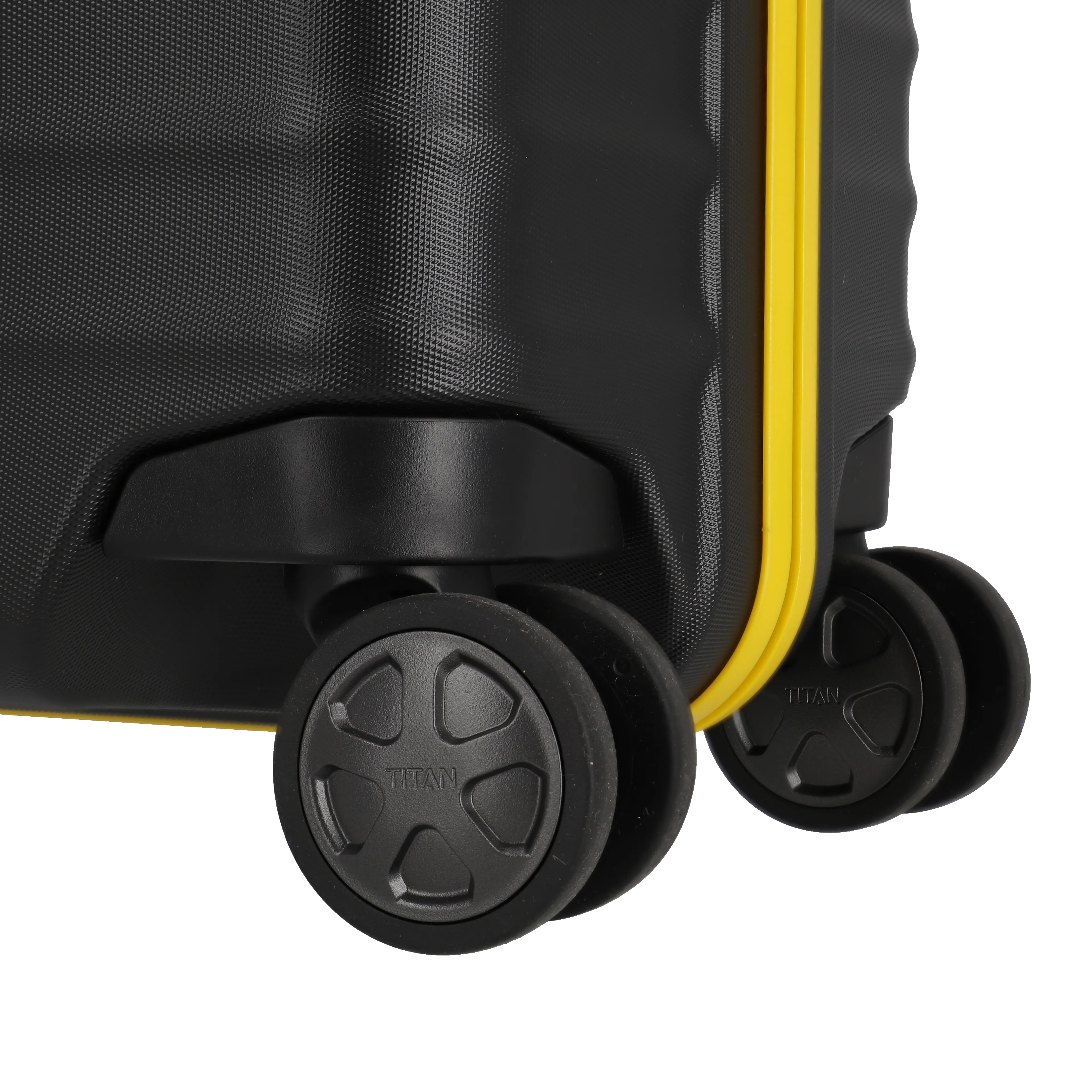 Ein TITAN Koffer der Serie LITRON FrameBVB Edition Nahaufnahme Räder in schwarz/gelb