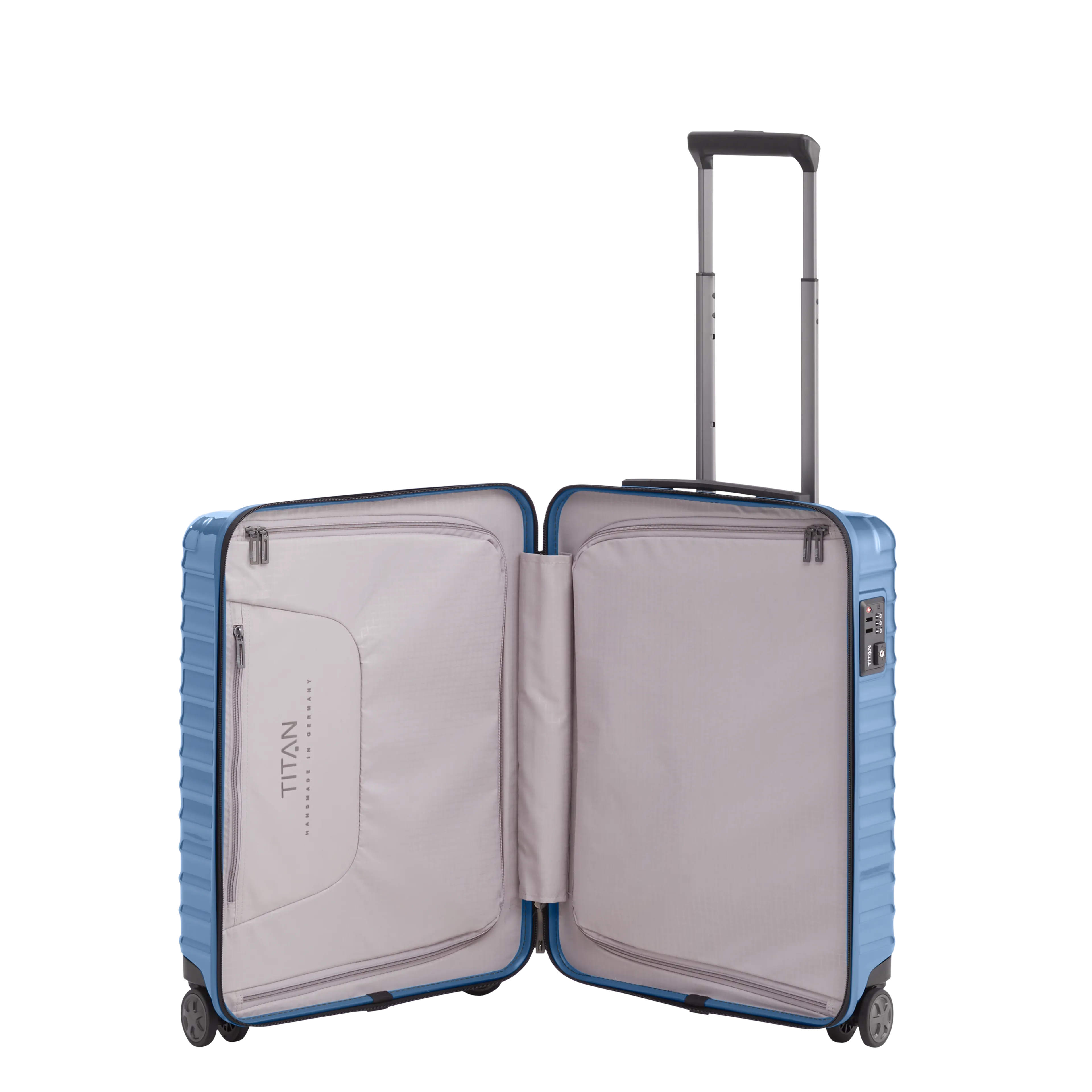 Ein TITAN Koffer der Serie LITRON geöffnet in eisblau Größe S 55cm