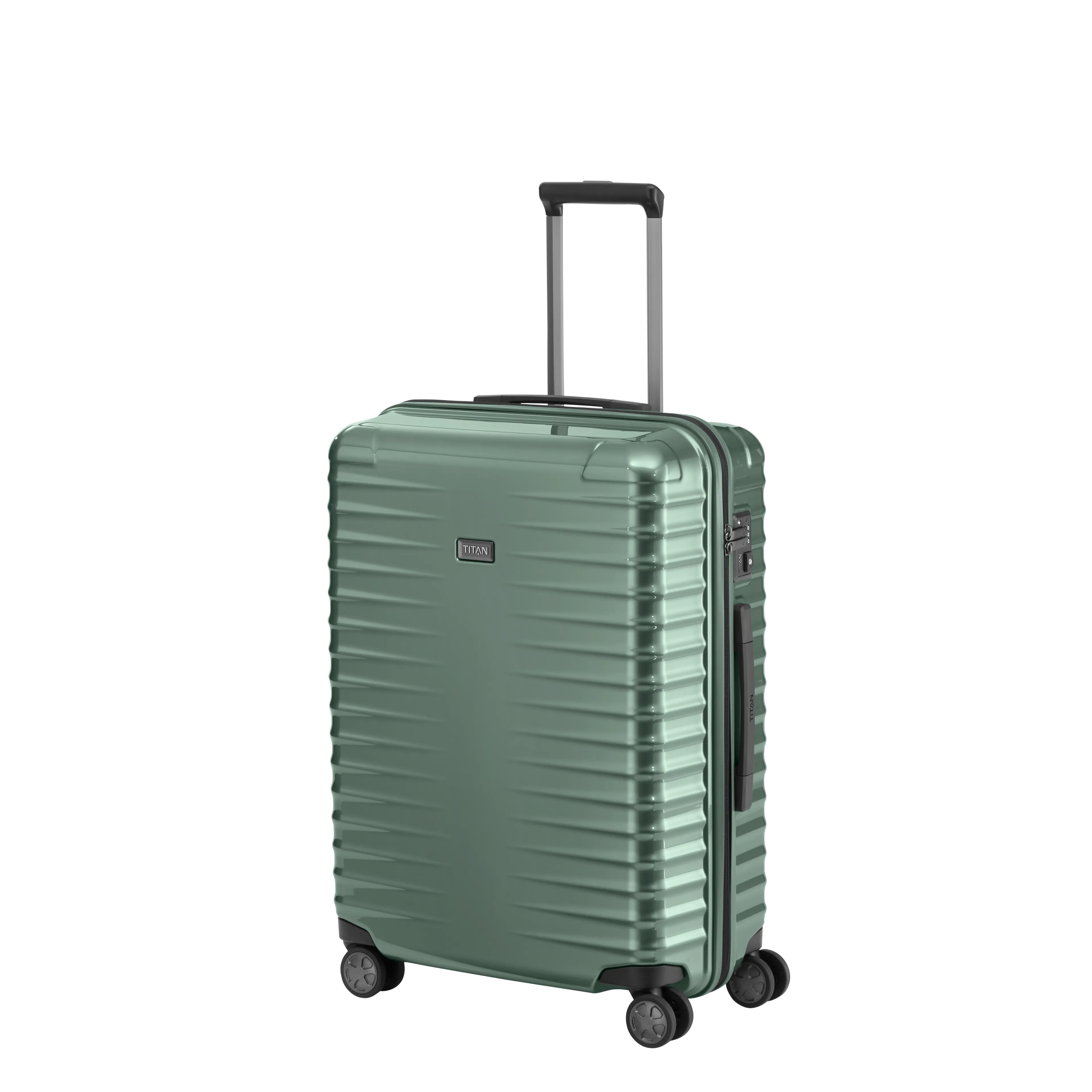 Ein TITAN Koffer der Serie LITRON Schrägansicht in traubengrün Größe M 69cm