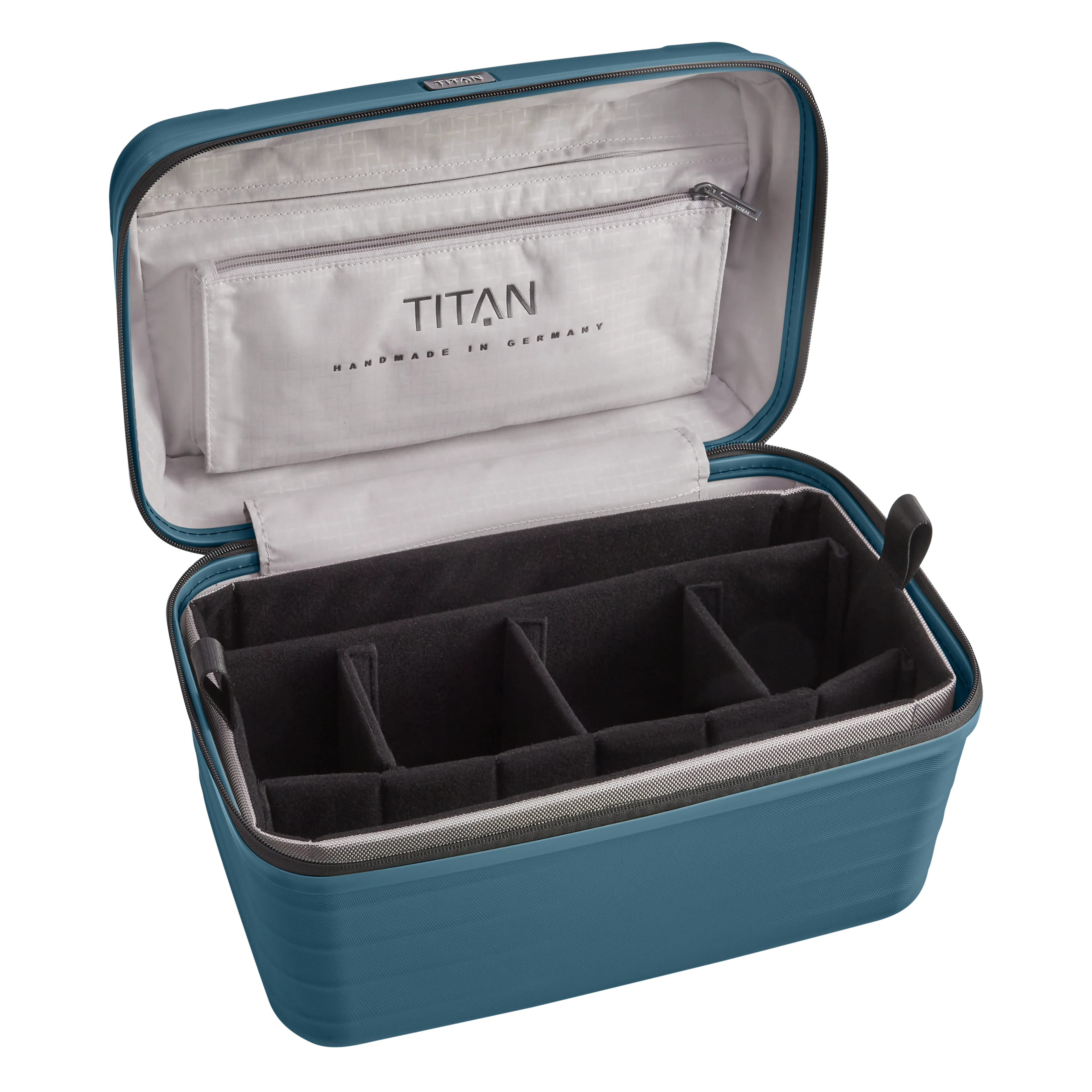 Ein TITAN Beautycase/Kosmetikkoffer der Serie LITRON Innenansicht in petrol 