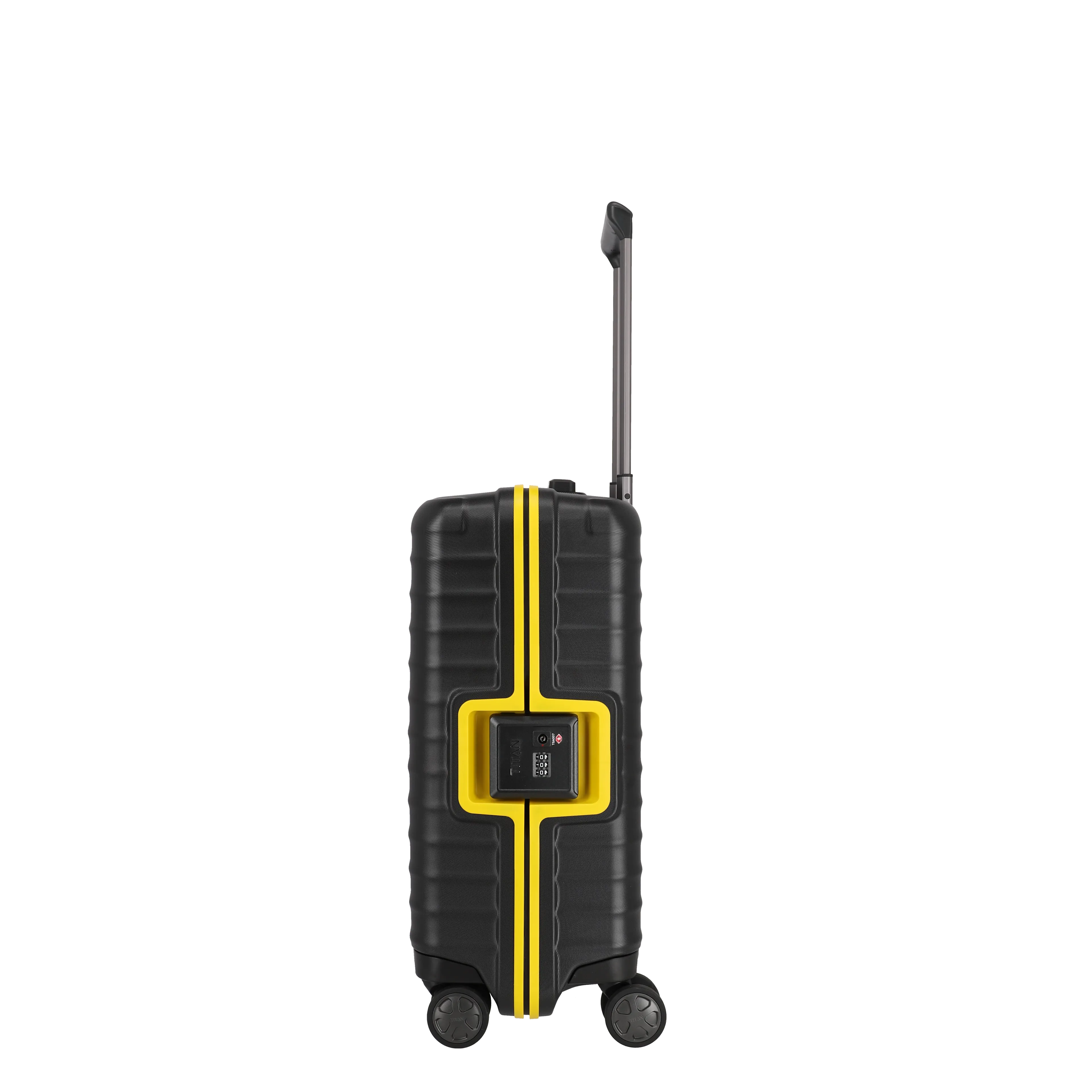Ein TITAN Koffer der Serie LITRON Frame BVB Edition Seitenansicht in schwarz/gelb Größe S 55cm