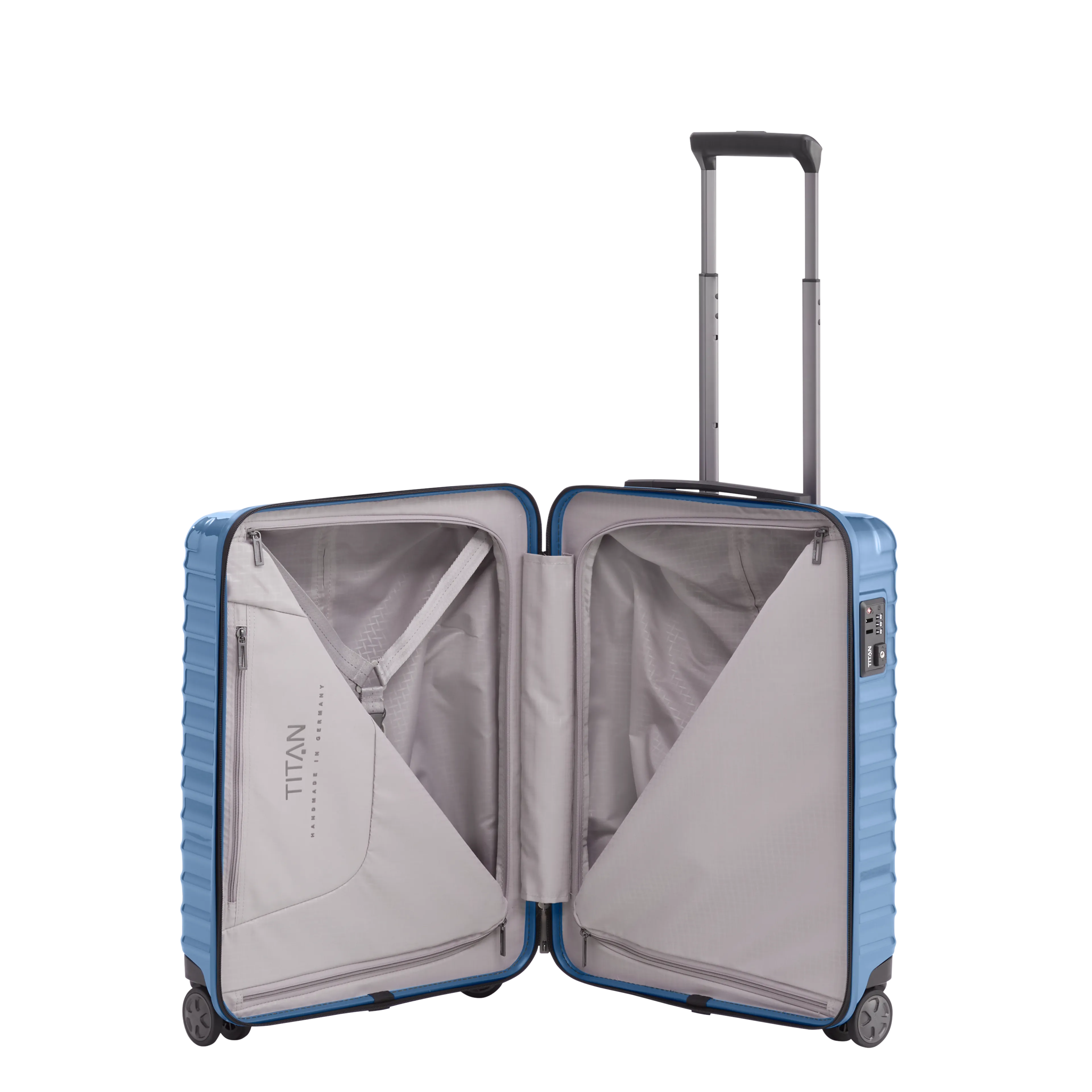 Ein TITAN Koffer der Serie LITRON Innenansicht in eisblau Größe S 55cm