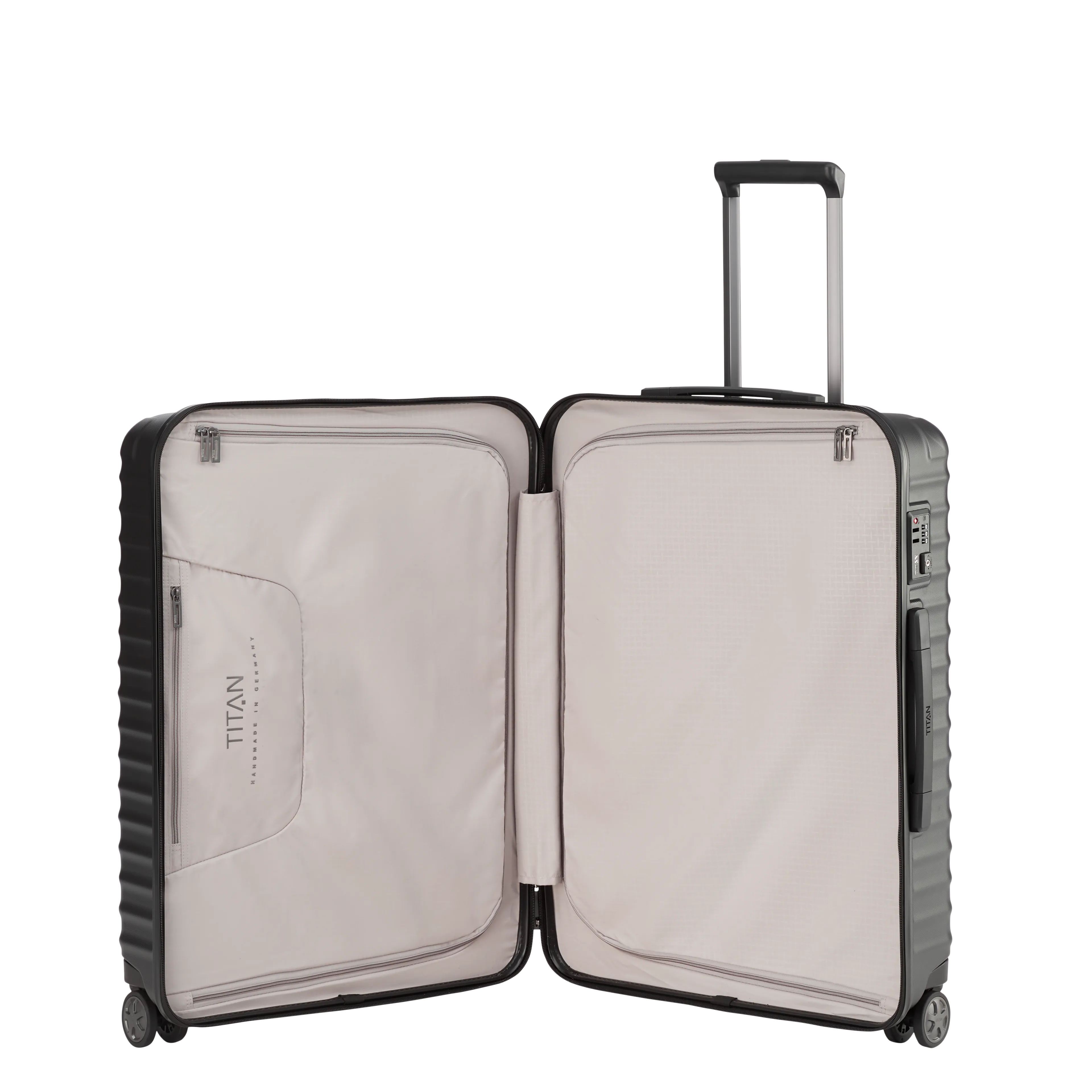 TITAN LITRON Koffer M 69cm schwarz Ein TITAN Koffer der Serie LITRON geöffnet in schwarz Größe M 69cm