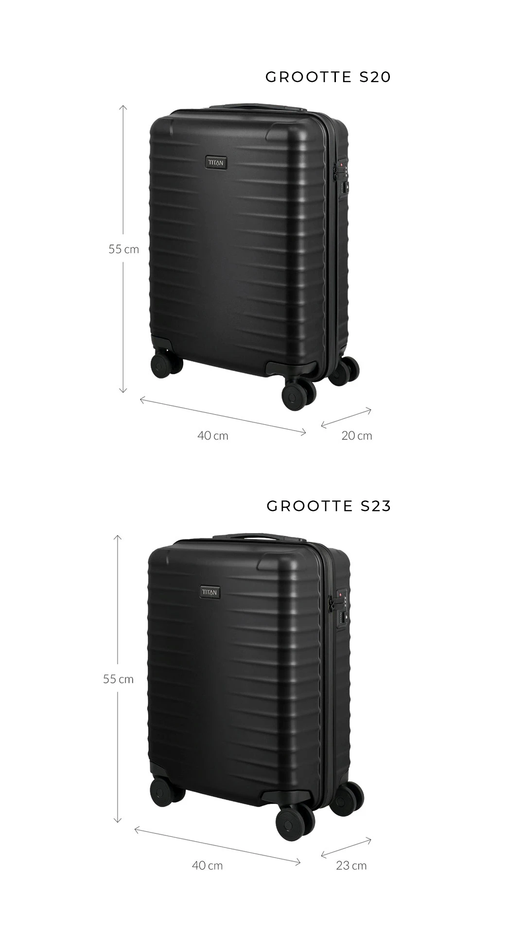 Twee zwarte TITAN Trolley koffers staan op elkaar. Ze hebben een geribbeld oppervlak en vier wielen. Afmetingen met pijlen en cijfers: Hoogte 55cm, breedte 40cm, diepte 20cm (boven) en 23cm (onder).