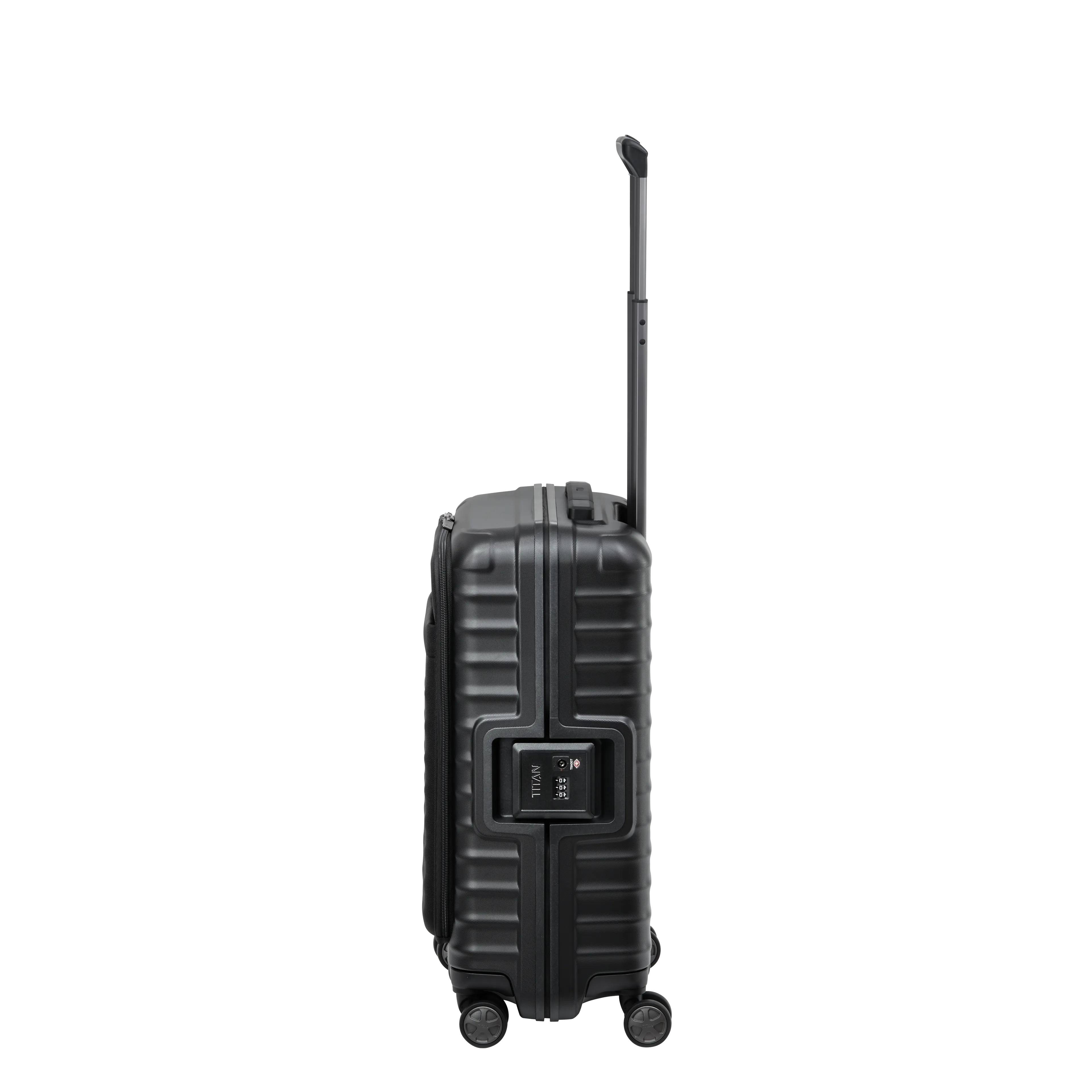 Ein TITAN Koffer der Serie LITRON Frame mit Vortasche Seitenansicht in schwarz Größe S 55cm