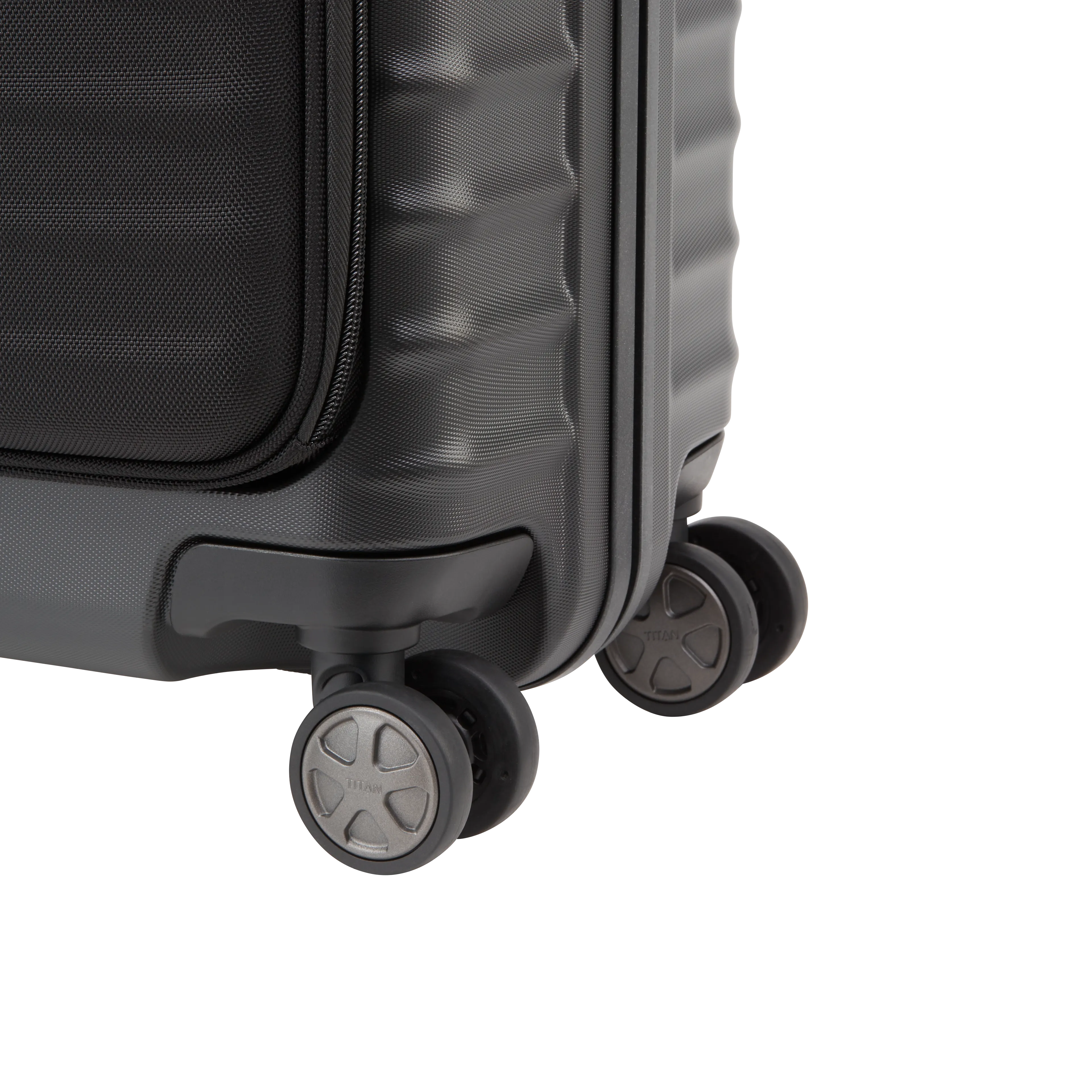 TITAN LITRON Frame mit Vortasche Koffer schwarz Ein TITAN Koffer der Serie LITRON Frame mit Vortasche Nahaufnahme Räder in schwarz