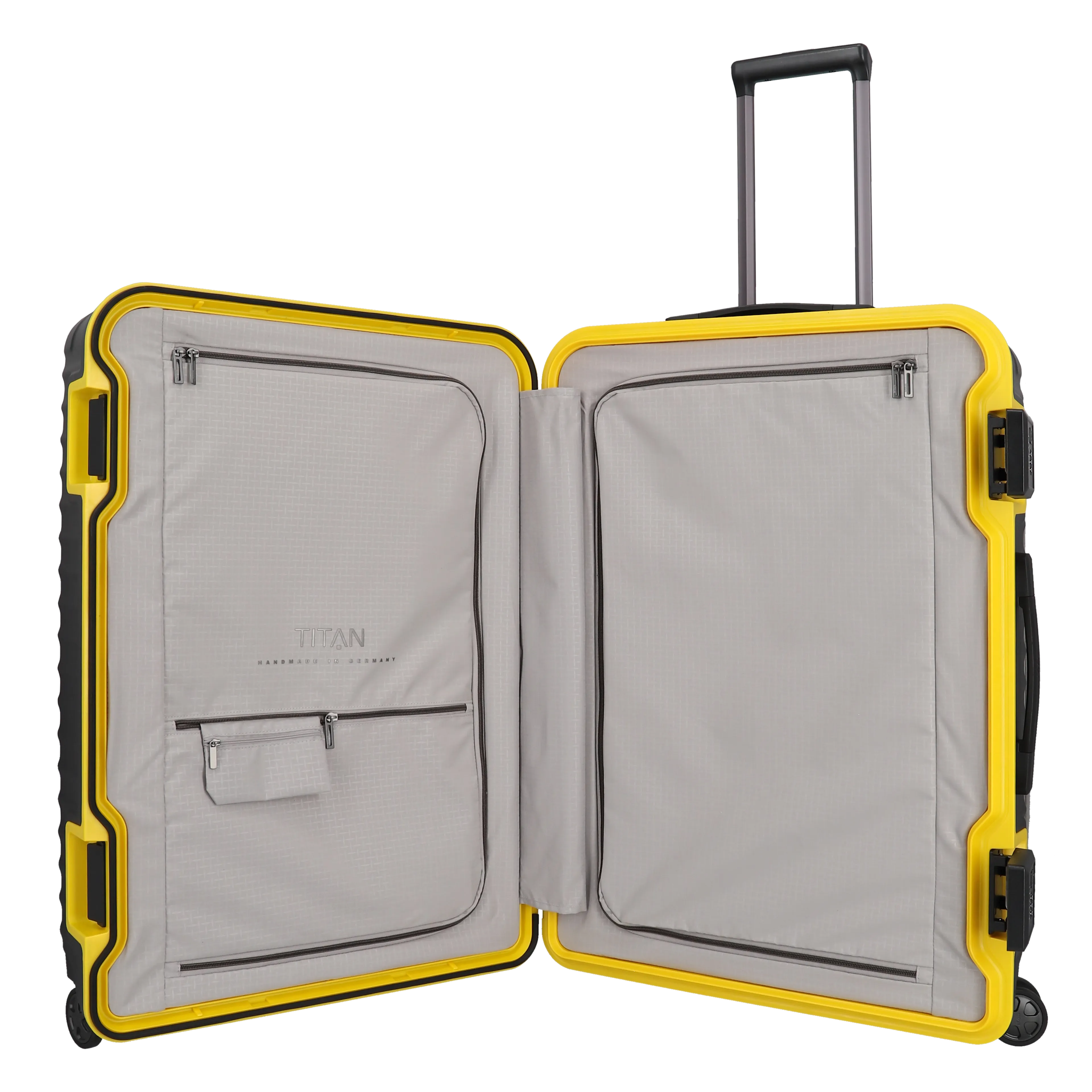 Ein TITAN Koffer der Serie LITRON Frame BVB Edition Innenansicht in schwarz/gelb Größe L 75cm