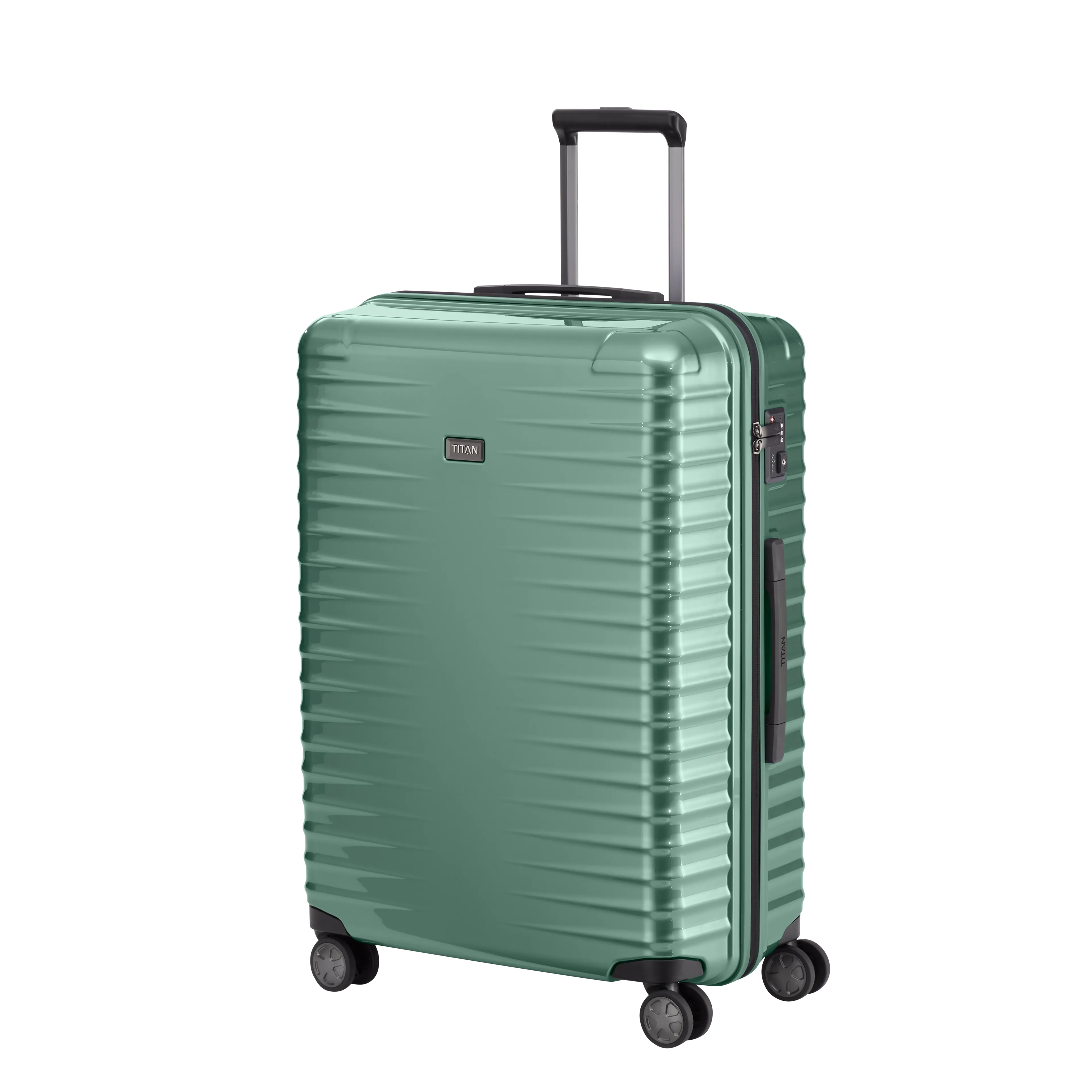Ein TITAN Koffer der Serie LITRON Schrägansicht in traubengrün Größe L 75cm