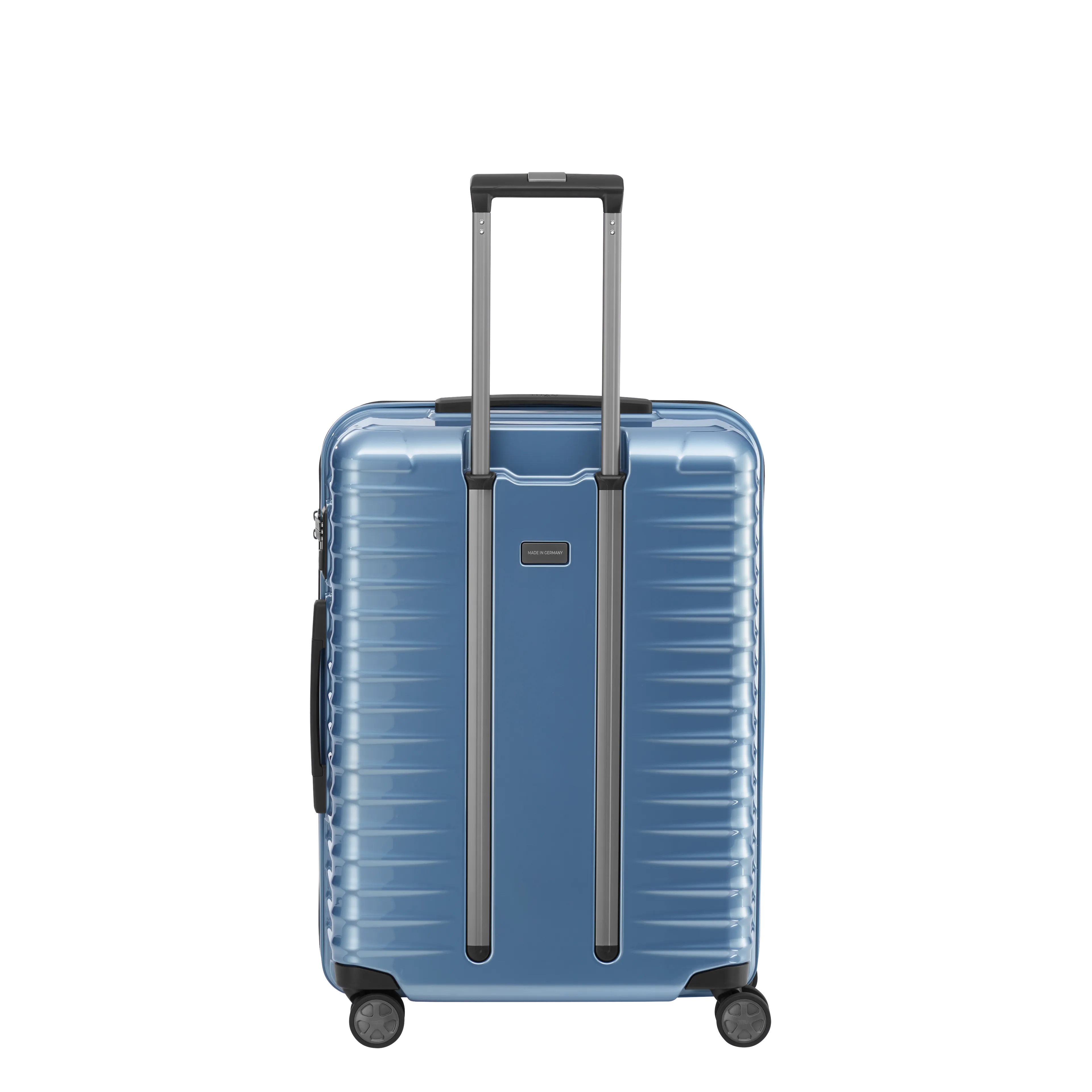 Ein TITAN Koffer der Serie LITRON Hinteransicht in eisblau Größe M 69cm