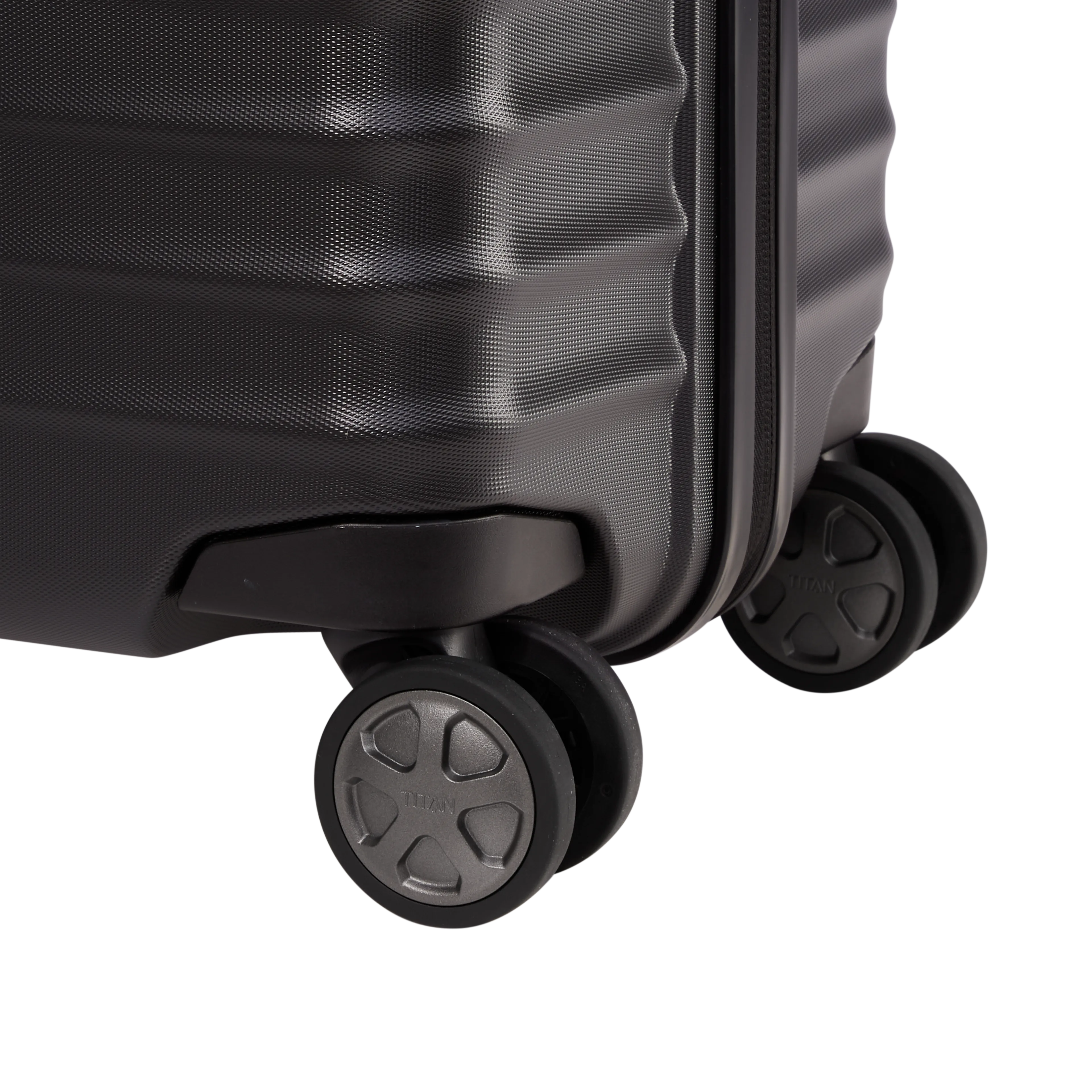 Ein TITAN Koffer der Serie LITRON Nahaufnahme Räder in schwarz