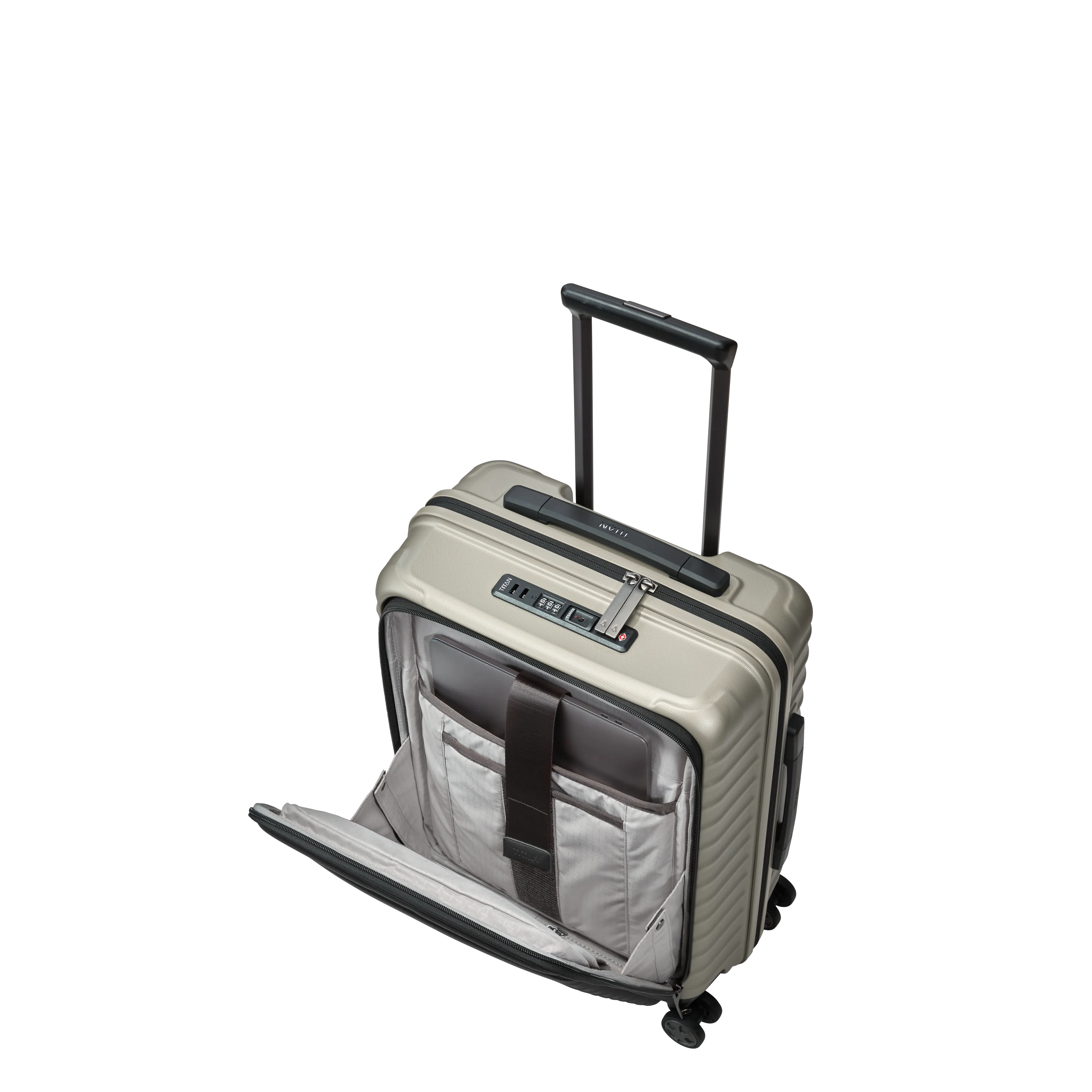 Ein TITAN Koffer der Serie LITRON mit Vortasche Schrägansicht mit geöffneter Vortasche in champagner Größe S 55cm