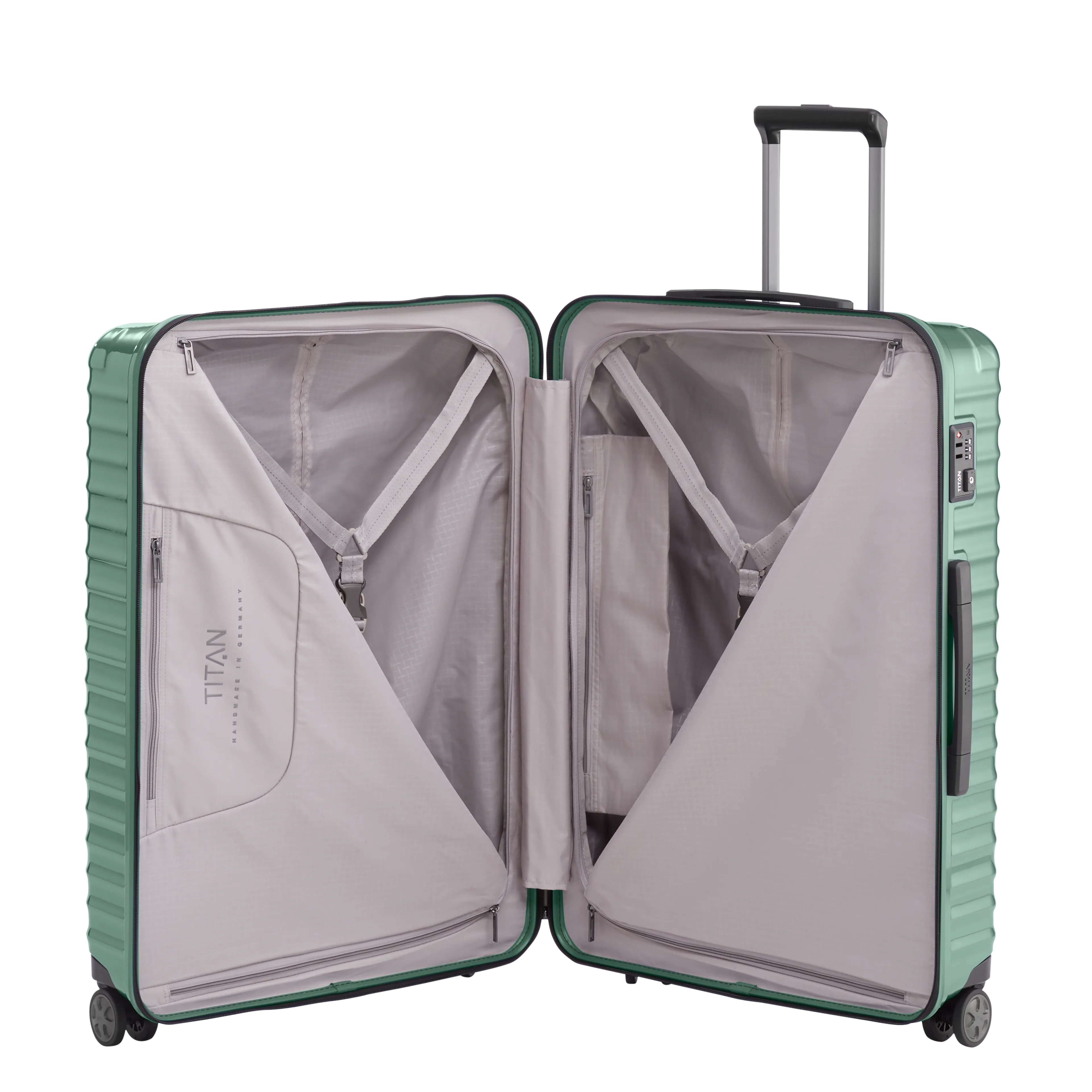 Ein TITAN Koffer der Serie LITRON Innenansicht in traubengrün Größe L 75cm