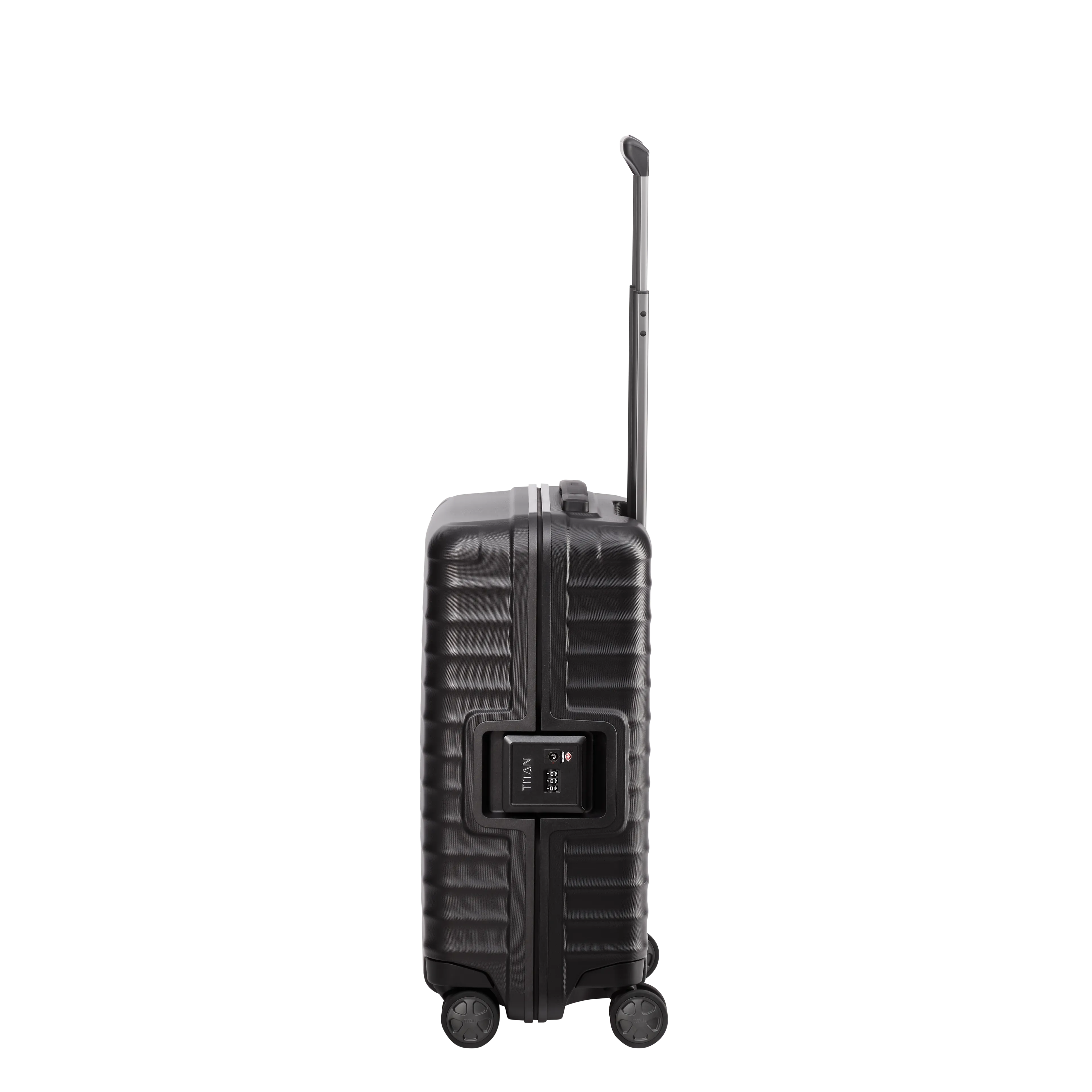 Ein TITAN Koffer der Serie LITRON Frame Seitenansicht in schwarz Größe S 55cm