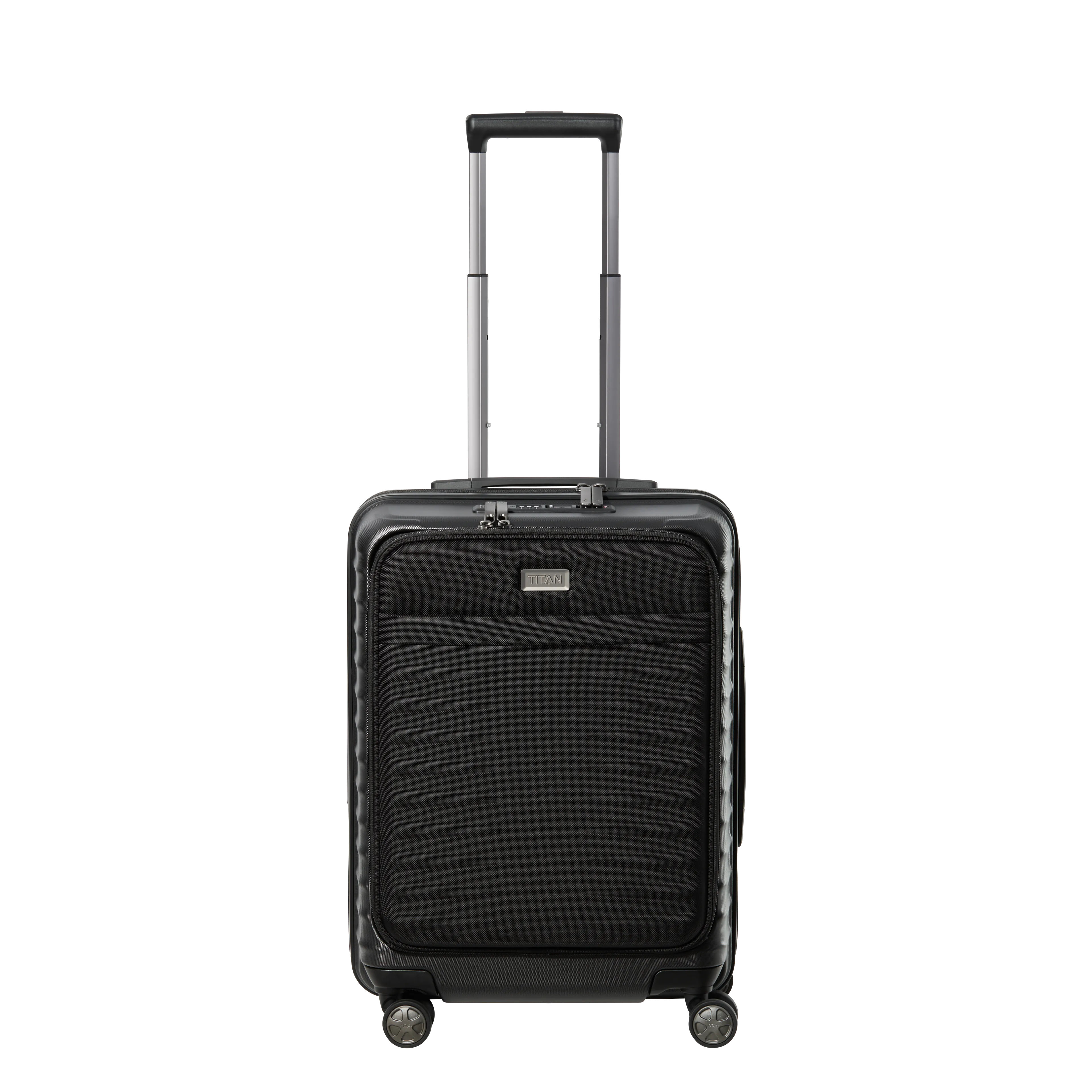 Ein TITAN Koffer der Serie LITRON mit Vortasche Frontansicht in schwarz Größe S 55cm