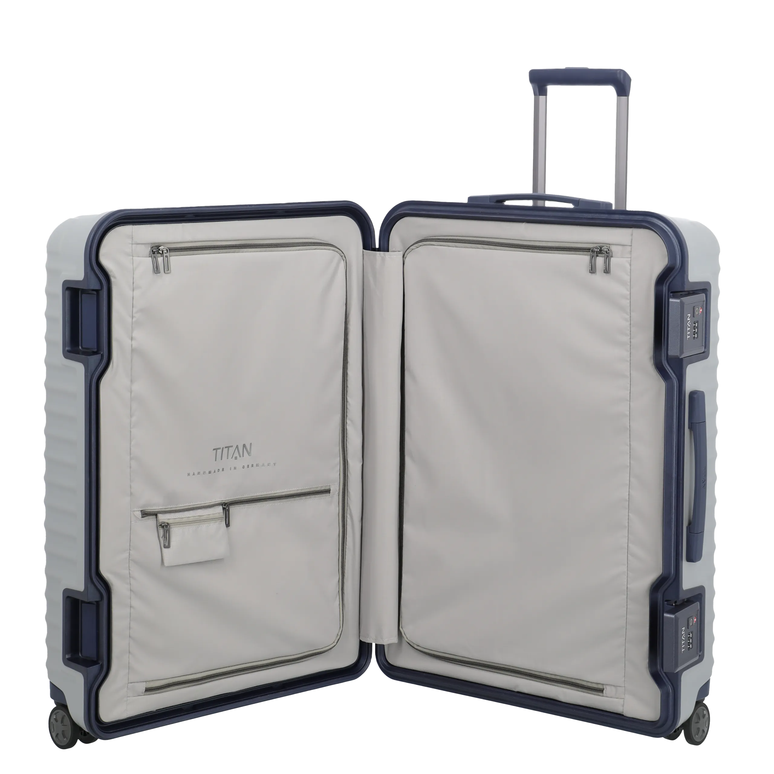 Trolley L Ein TITAN Koffer der Serie LITRON Frame  Innenansicht in silber Größe L 75cm