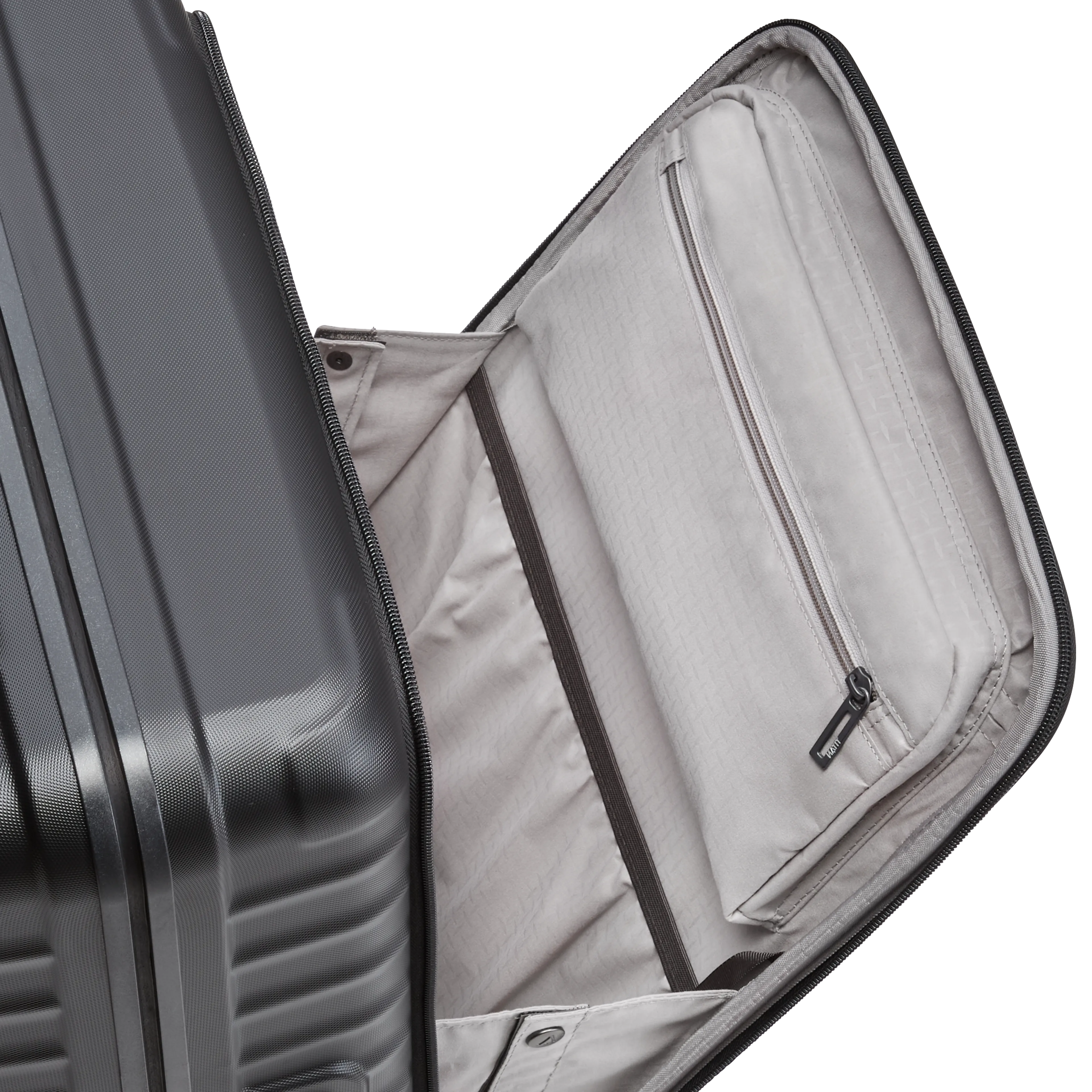 Ein TITAN Koffer der Serie LITRON Frame mit Vortasche geöffnete Vortasche in schwarz Größe S 55cm