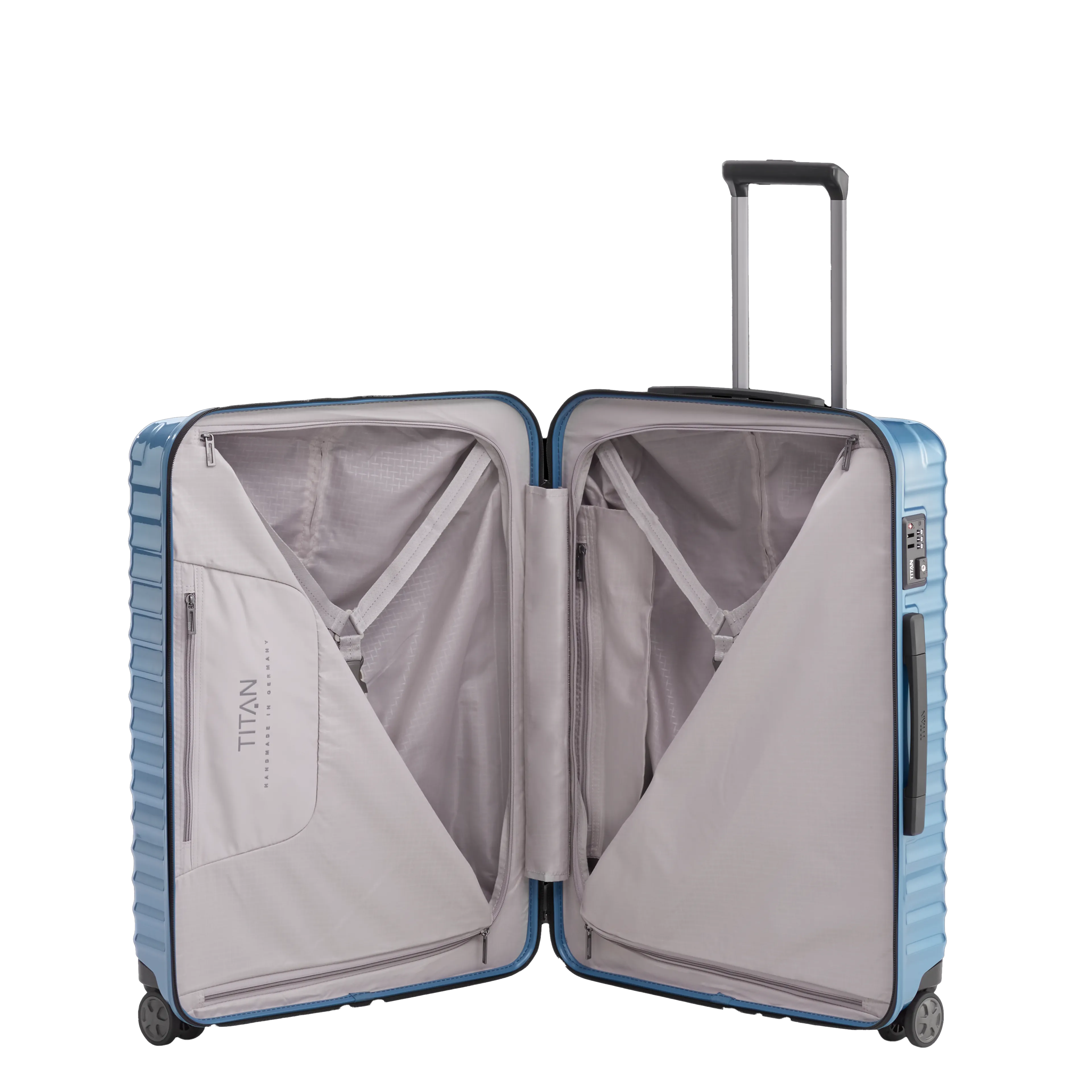 Ein TITAN Koffer der Serie LITRON Innenansicht in eisblau Größe M 69cm