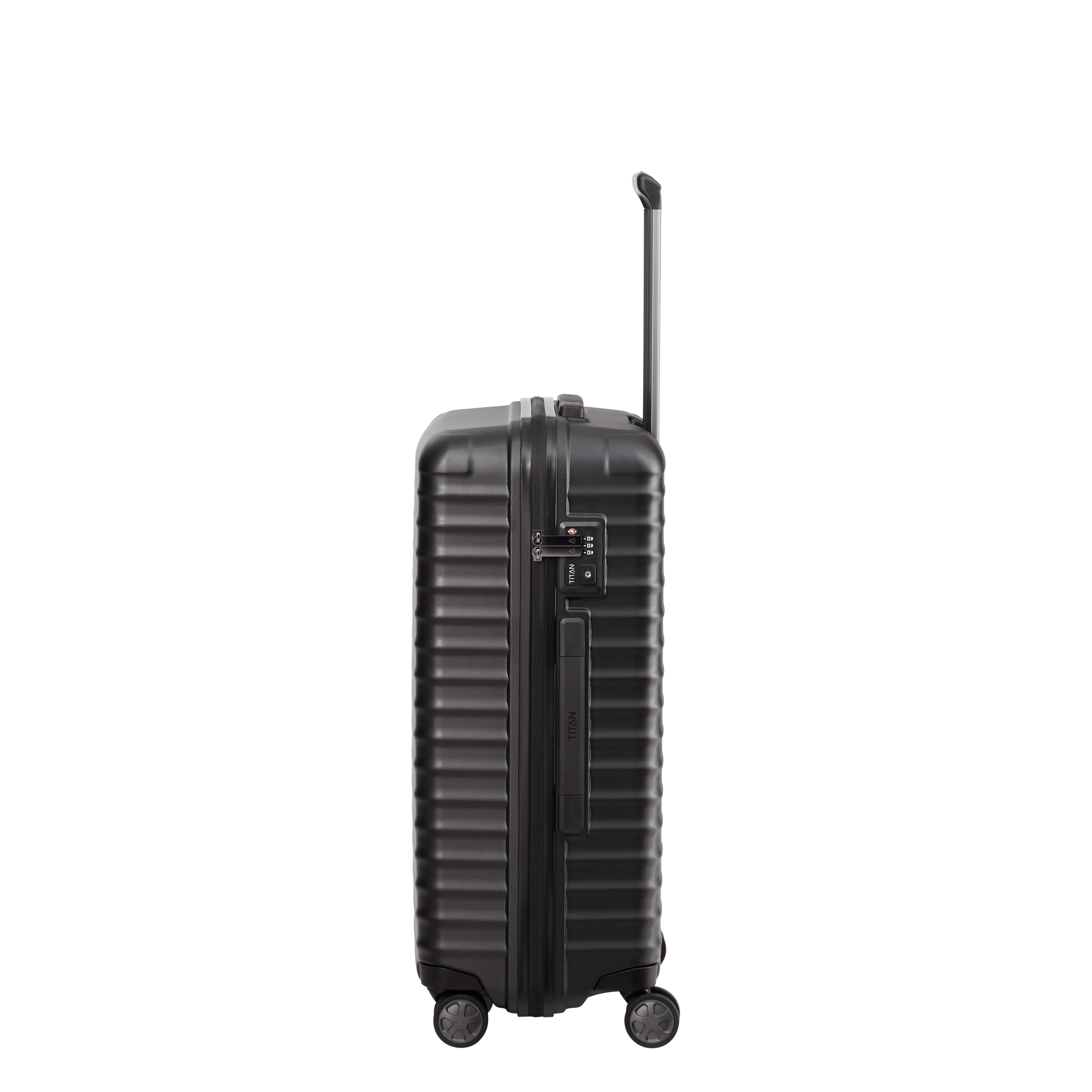 Ein TITAN Koffer der Serie LITRON Seitenansicht in schwarz Größe M 69cm