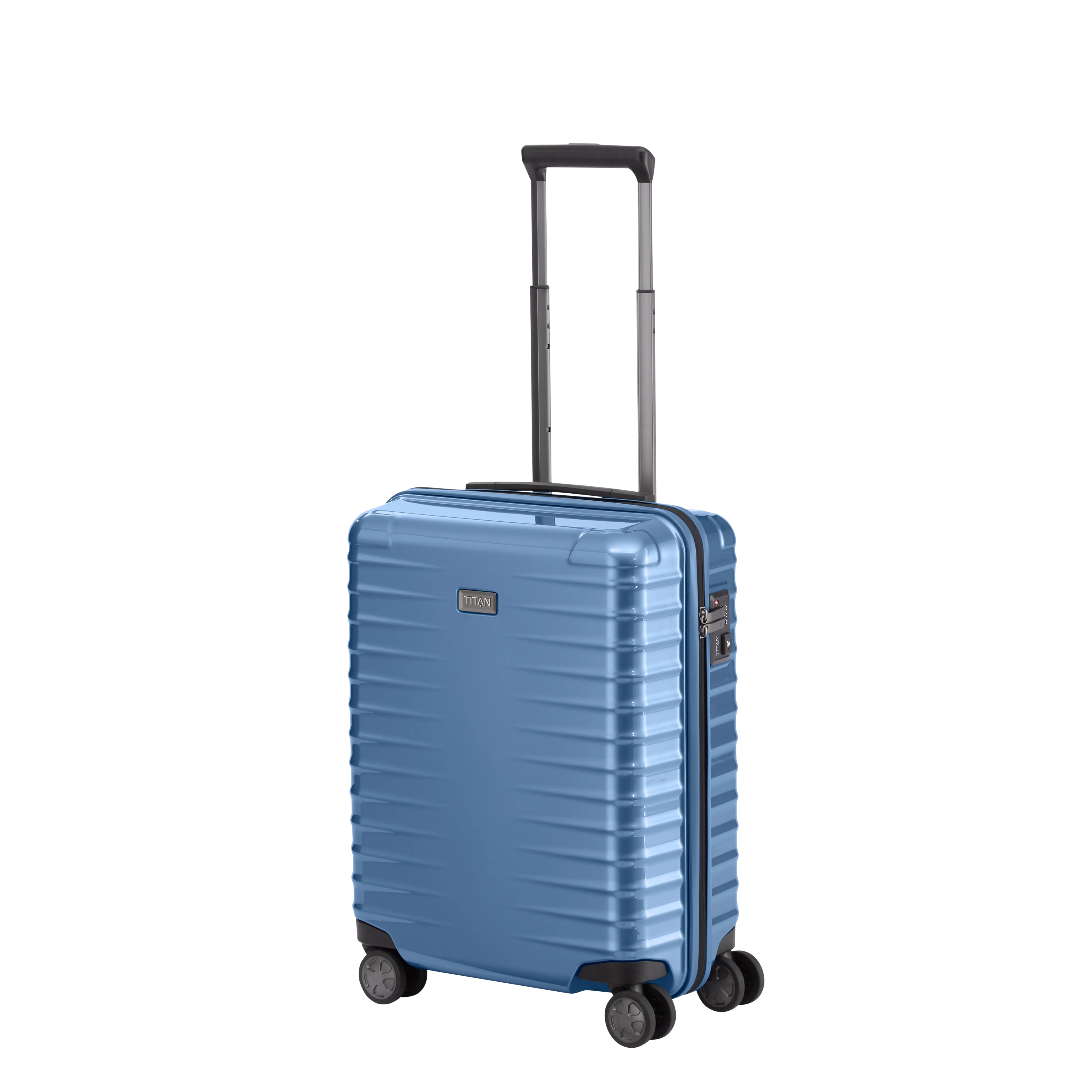 Ein TITAN Koffer der Serie LITRON Schrägansicht in eisblau Größe S 55cm