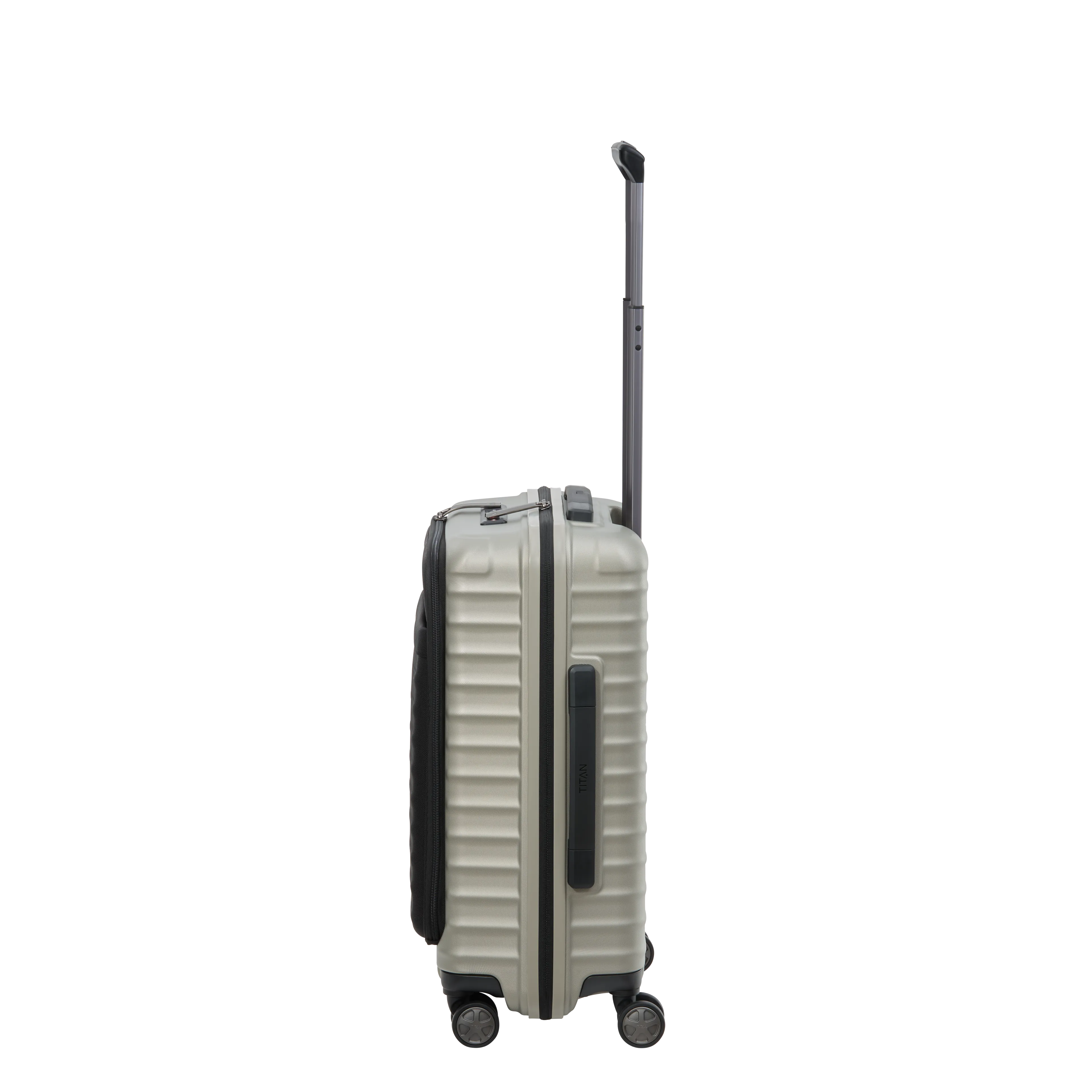 Ein TITAN Koffer der Serie LITRON mit Vortasche Seitenansicht in champagner Größe S 55cm