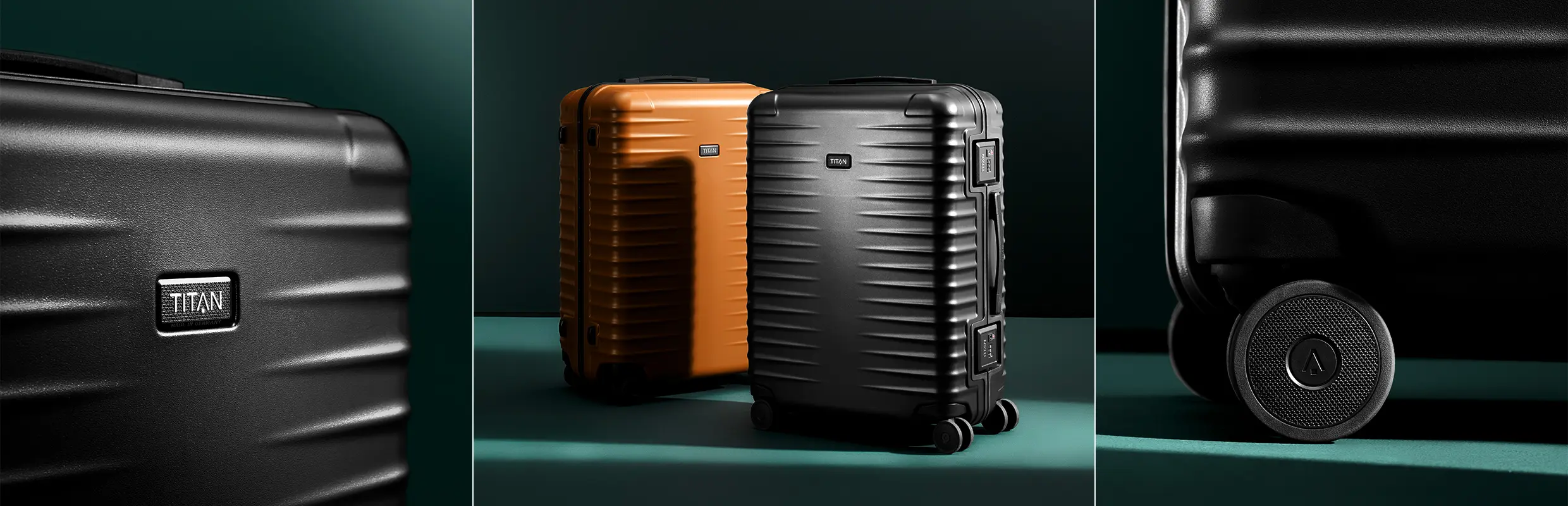 TITAN Hartschalenkoffer in Schwarz und Orange – Robuste Trolleys mit vier Rollen Zwei TITAN Hartschalenkoffer, einer in Schwarz, einer in Orange, beide mit vier Rollen, vor dunklem Hintergrund