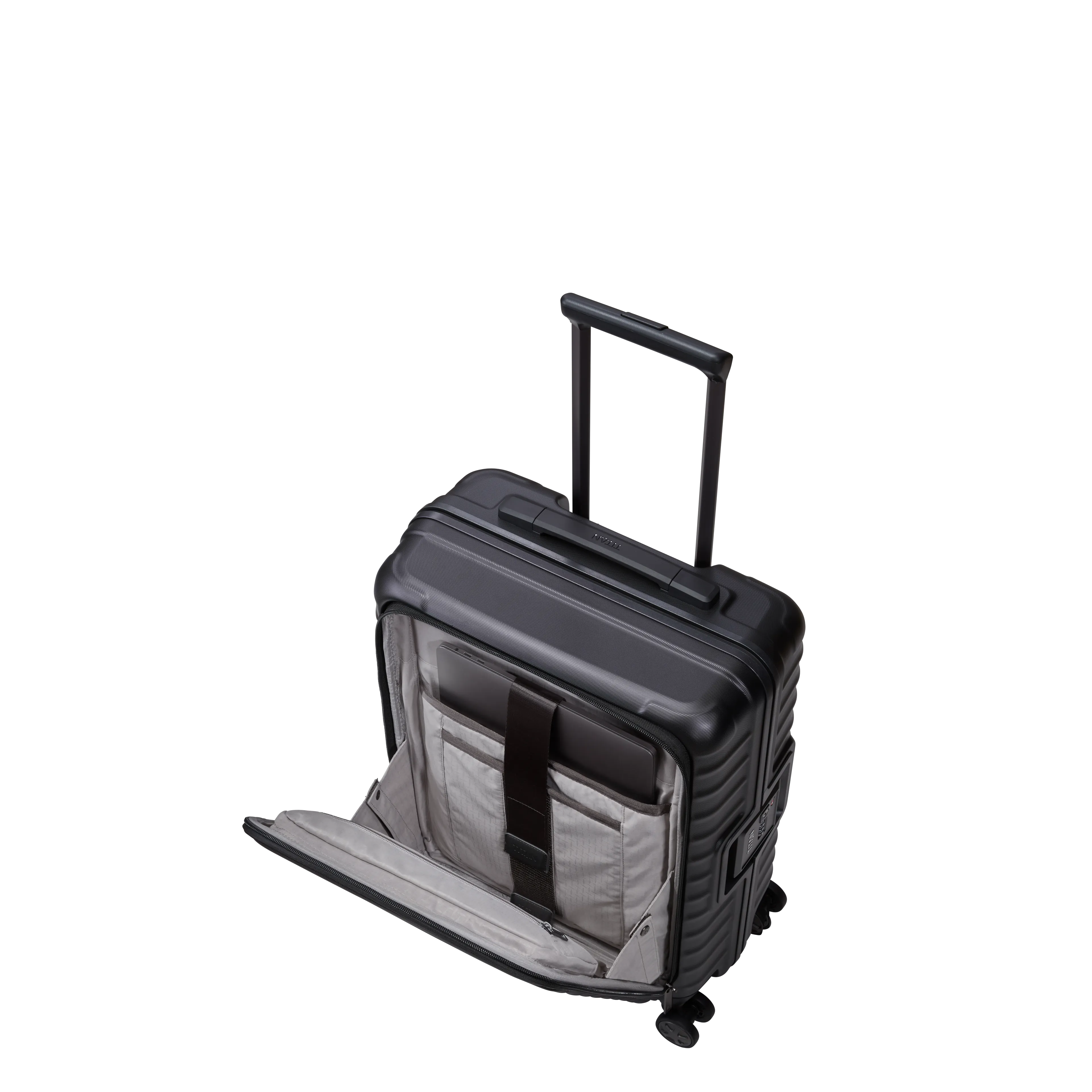 Ein TITAN Koffer der Serie LITRON Frame mit Vortasche Schrägansicht mit geöffneter Vortasche in schwarz Größe S 55cm