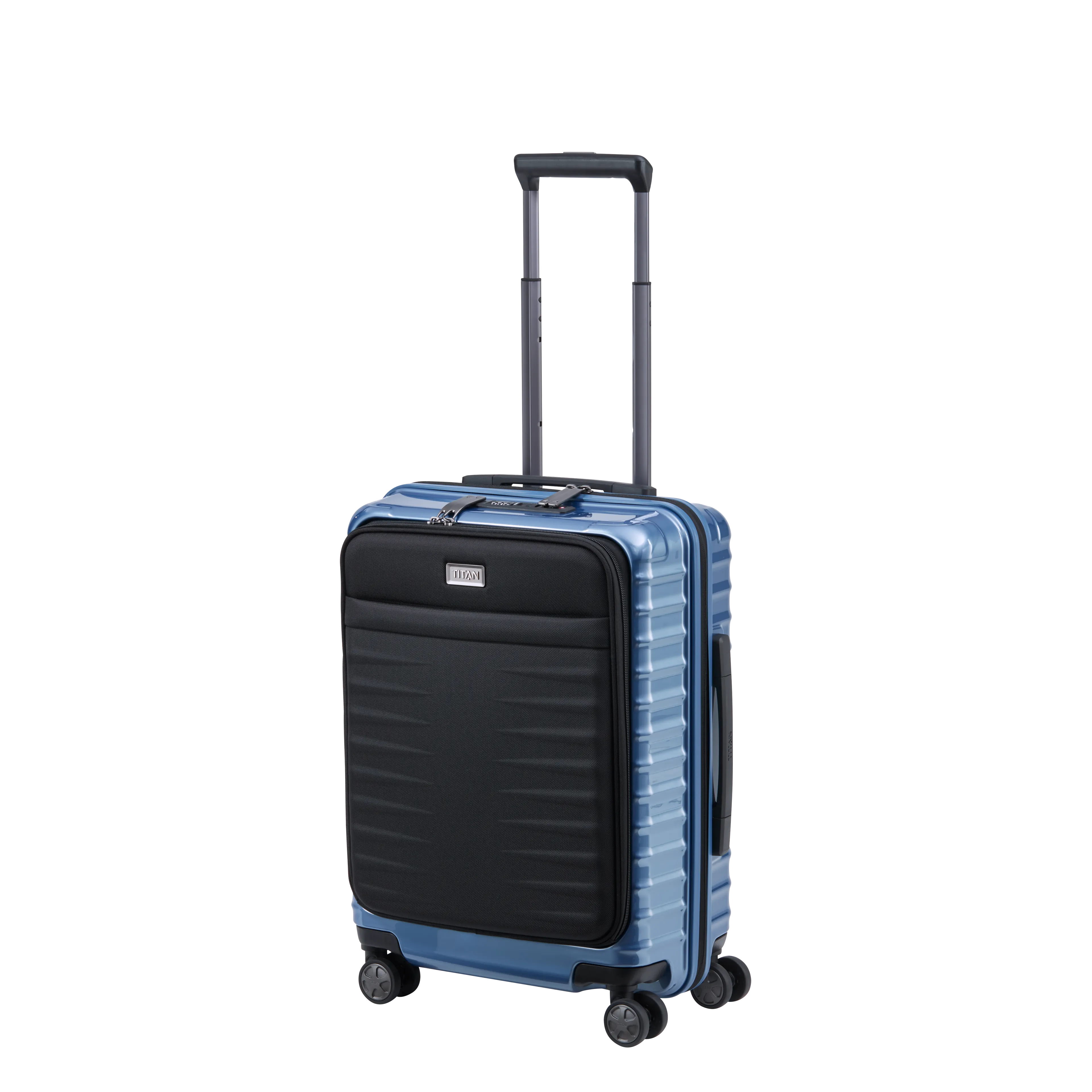 TITAN LITRON mit Vortasche Koffer S 55cm eisblau Ein TITAN Koffer der Serie LITRON mit Vortasche Schrägansicht in eisblau Größe S 55cm