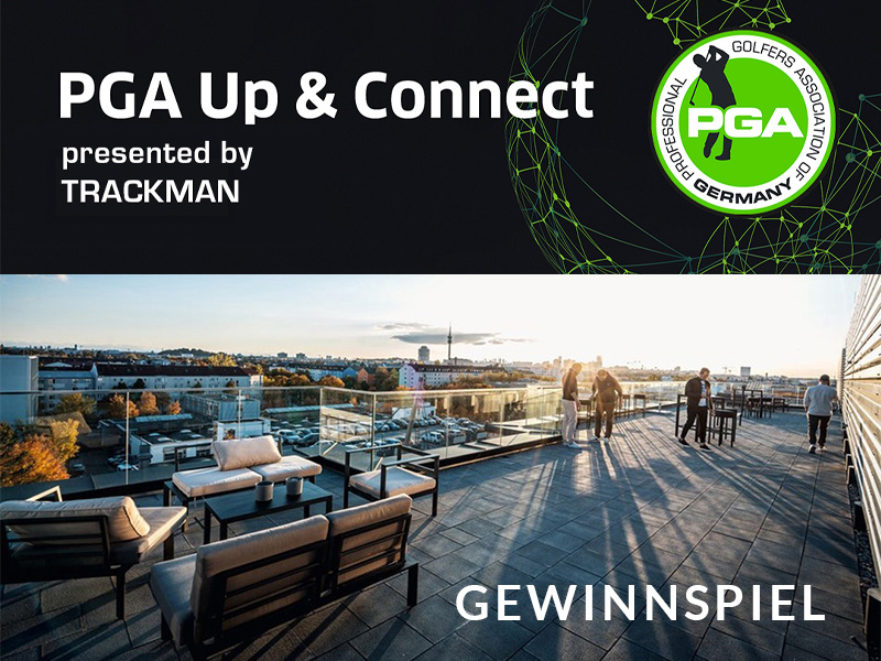 PGA Up & Connect Event präsentiert von TrackMan - Gewinnspiel auf einer Dachterrasse mit Blick auf die Stadt Menschen auf einer modernen Dachterrasse während des PGA Up & Connect Events, präsentiert von TrackMan, bei Sonnenuntergang mit Stadtblick