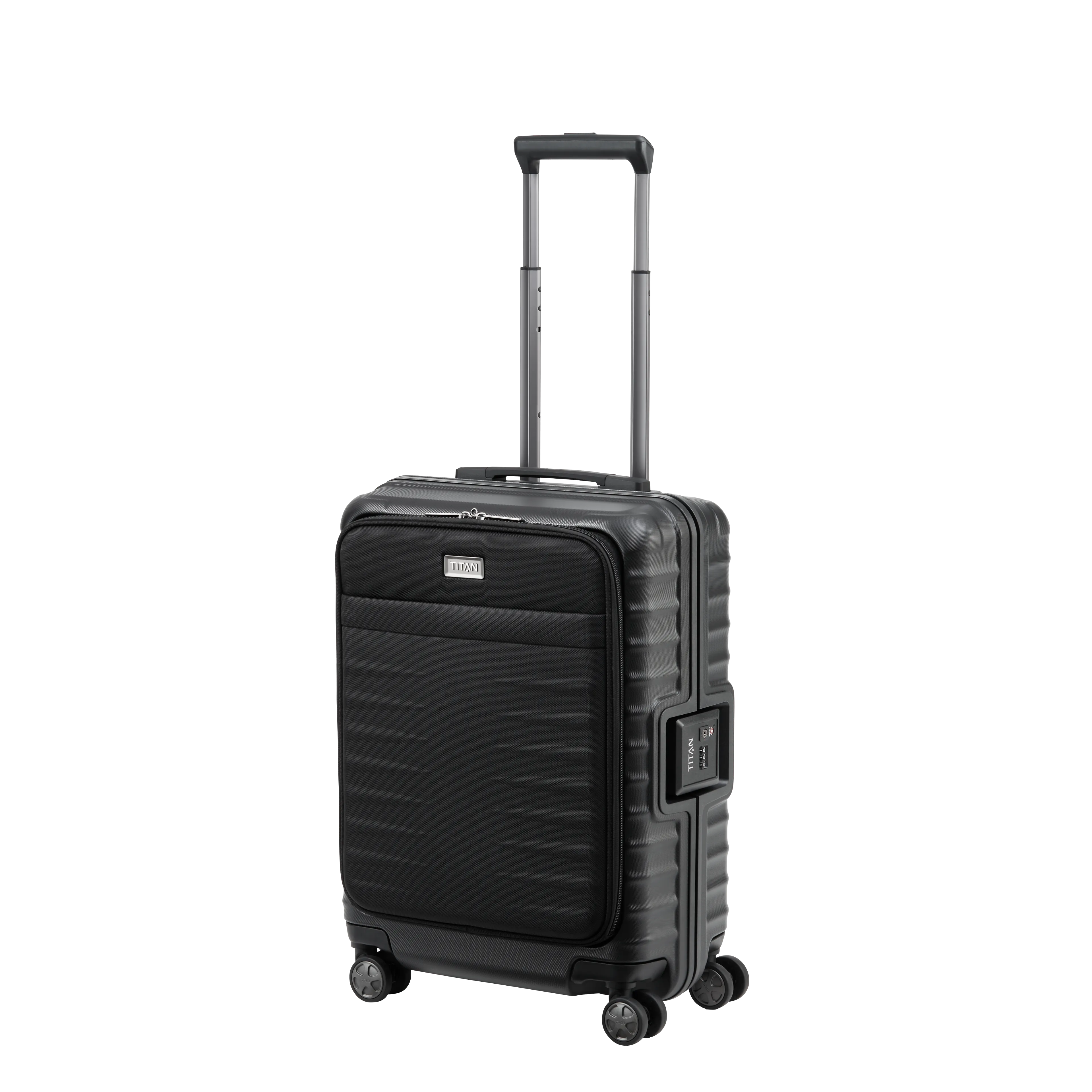 Ein TITAN Koffer der Serie LITRON Frame mit Vortasche Schrägansicht in schwarz Größe S 55cm