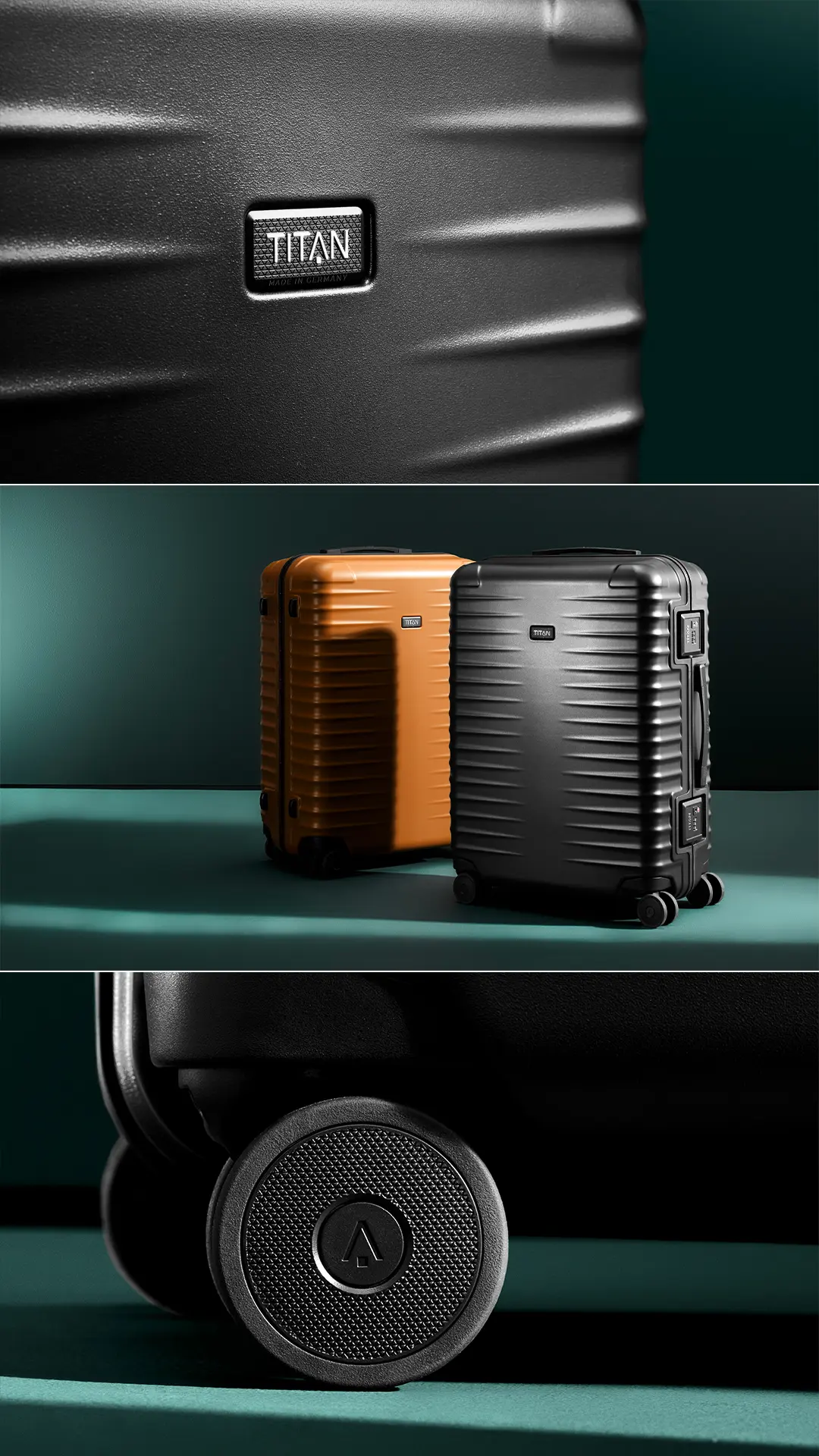 Hochwertige Hartschalenkoffer von TITAN – modernes Design, robust und langlebig, ideal für Reisen Zwei stilvolle Hartschalenkoffer von TITAN in Schwarz und Braun mit Logo und detailreicher Nahaufnahme der Kofferrolle