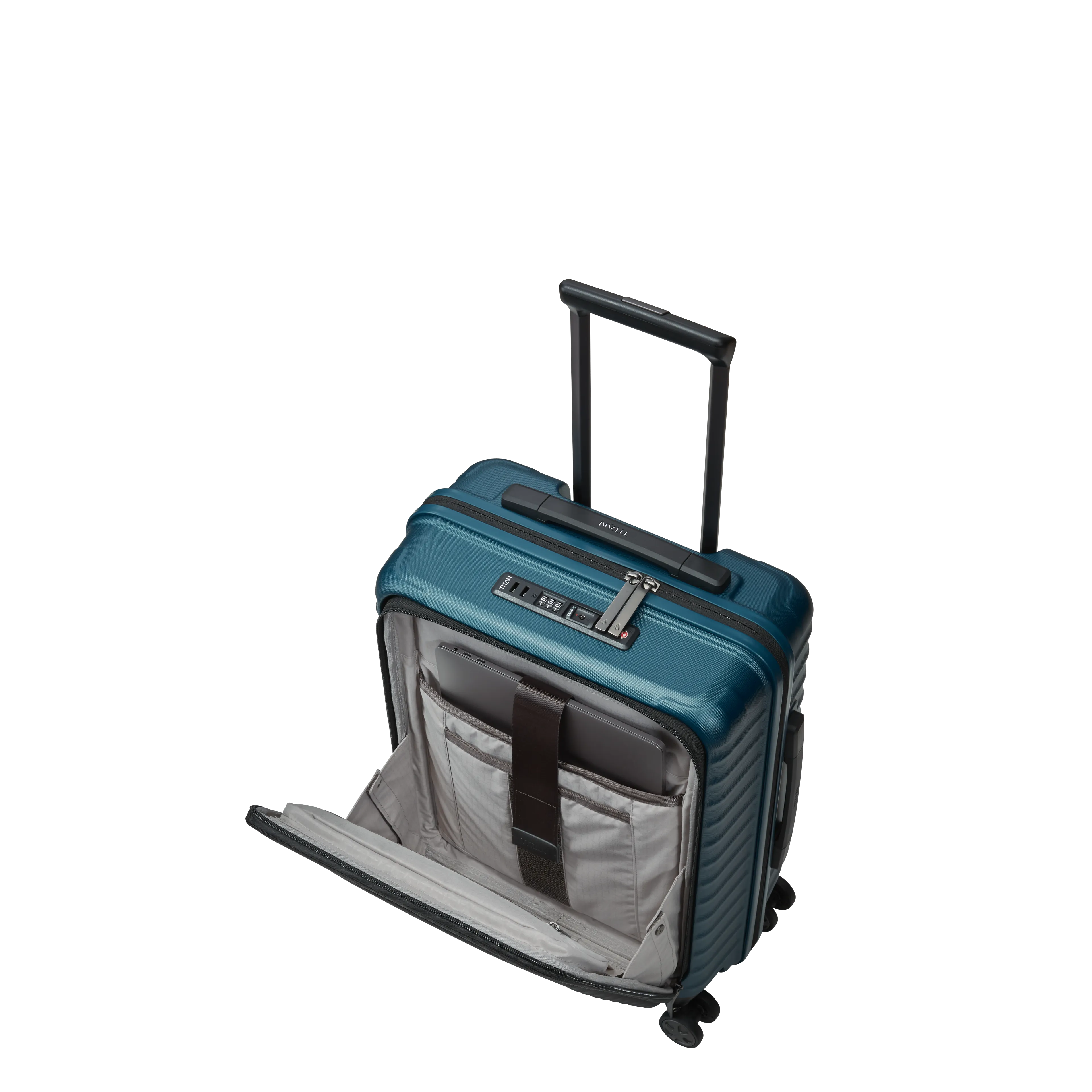 Ein TITAN Koffer der Serie LITRON mit Vortasche Schrägansicht mit geöffneter Vortasche in petrol Größe S 55cm