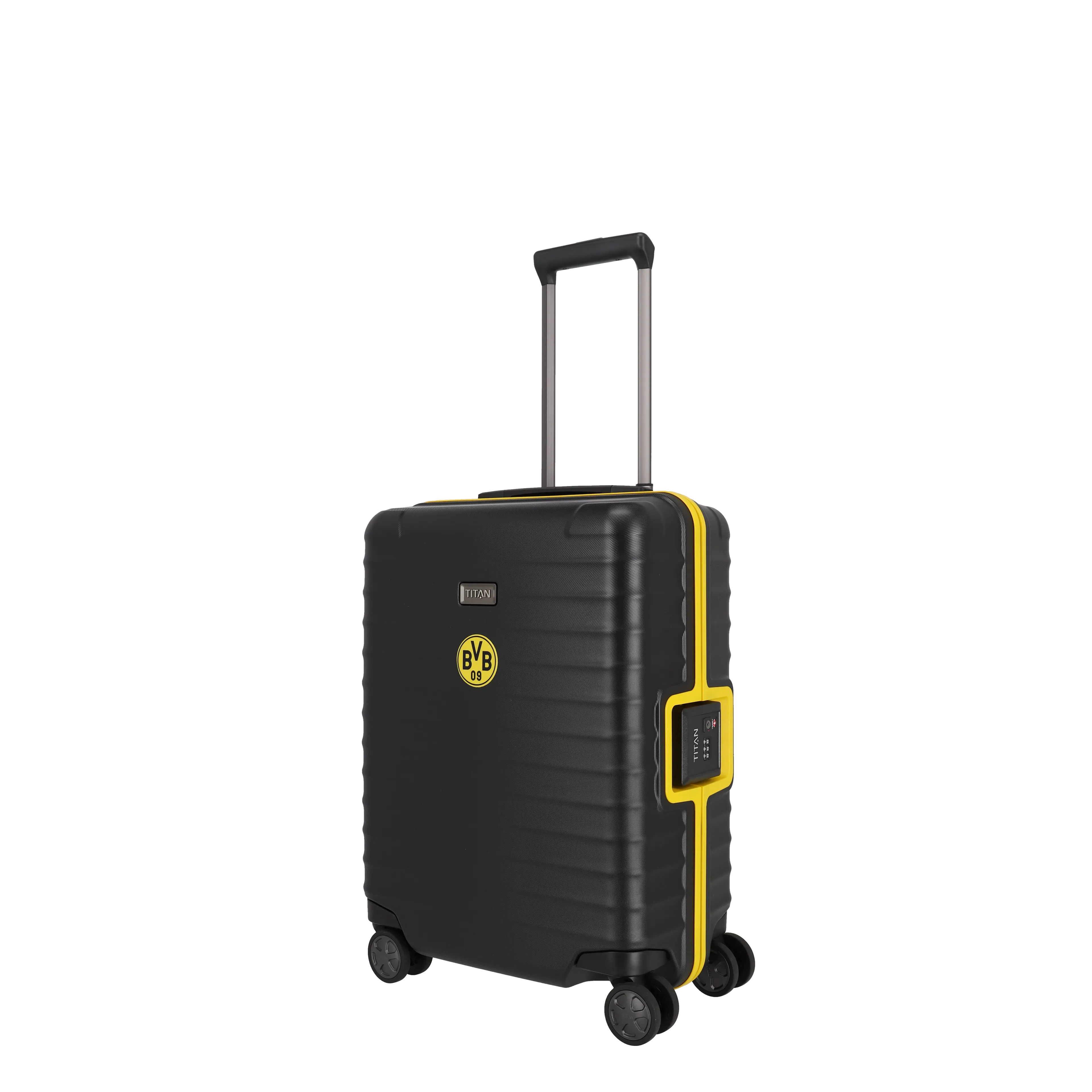 Ein TITAN Koffer der Serie LITRON Frame BVB Edition Schrägansicht in schwarz/gelb Größe S 55cm