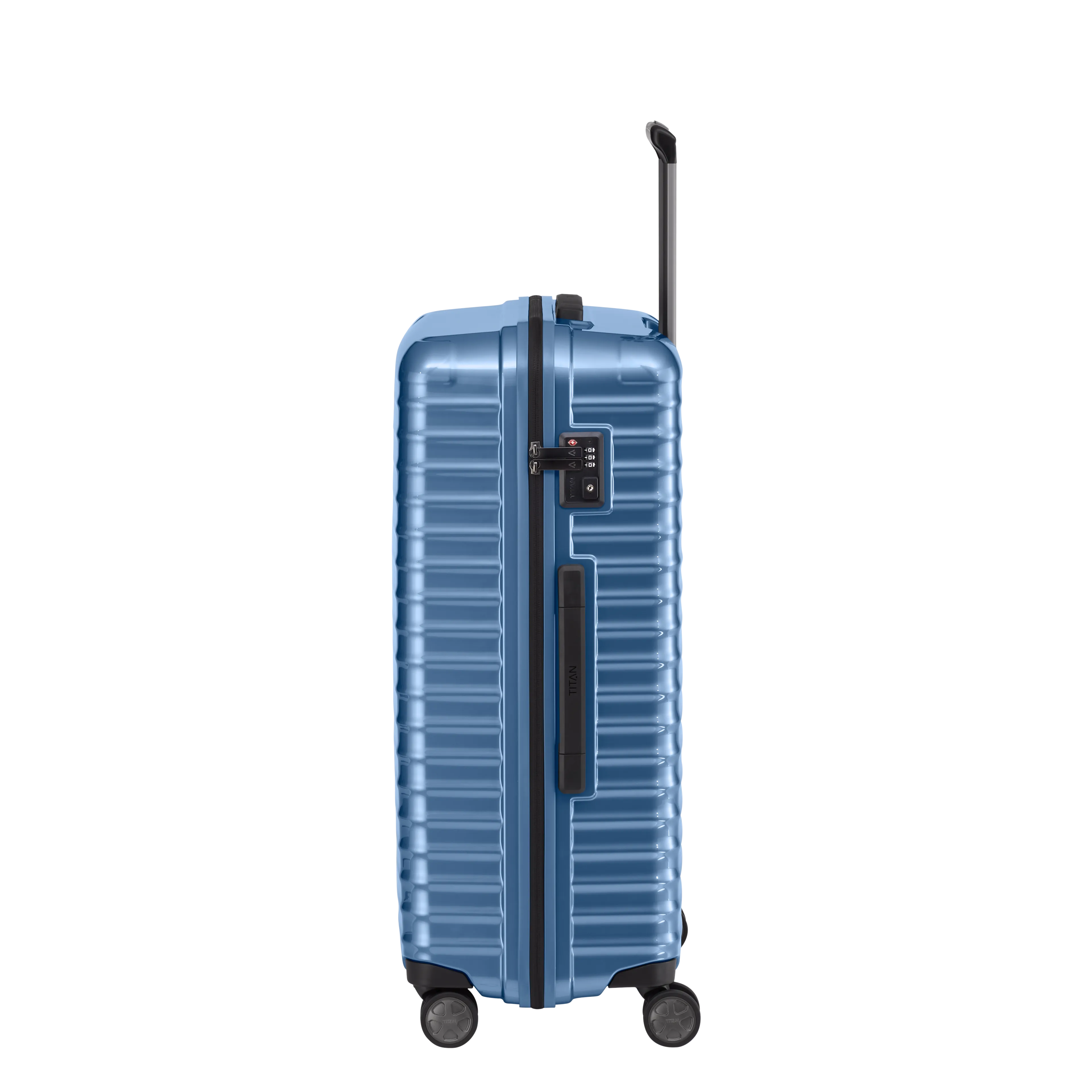 Ein TITAN Koffer der Serie LITRON Seitenansicht in eisblau