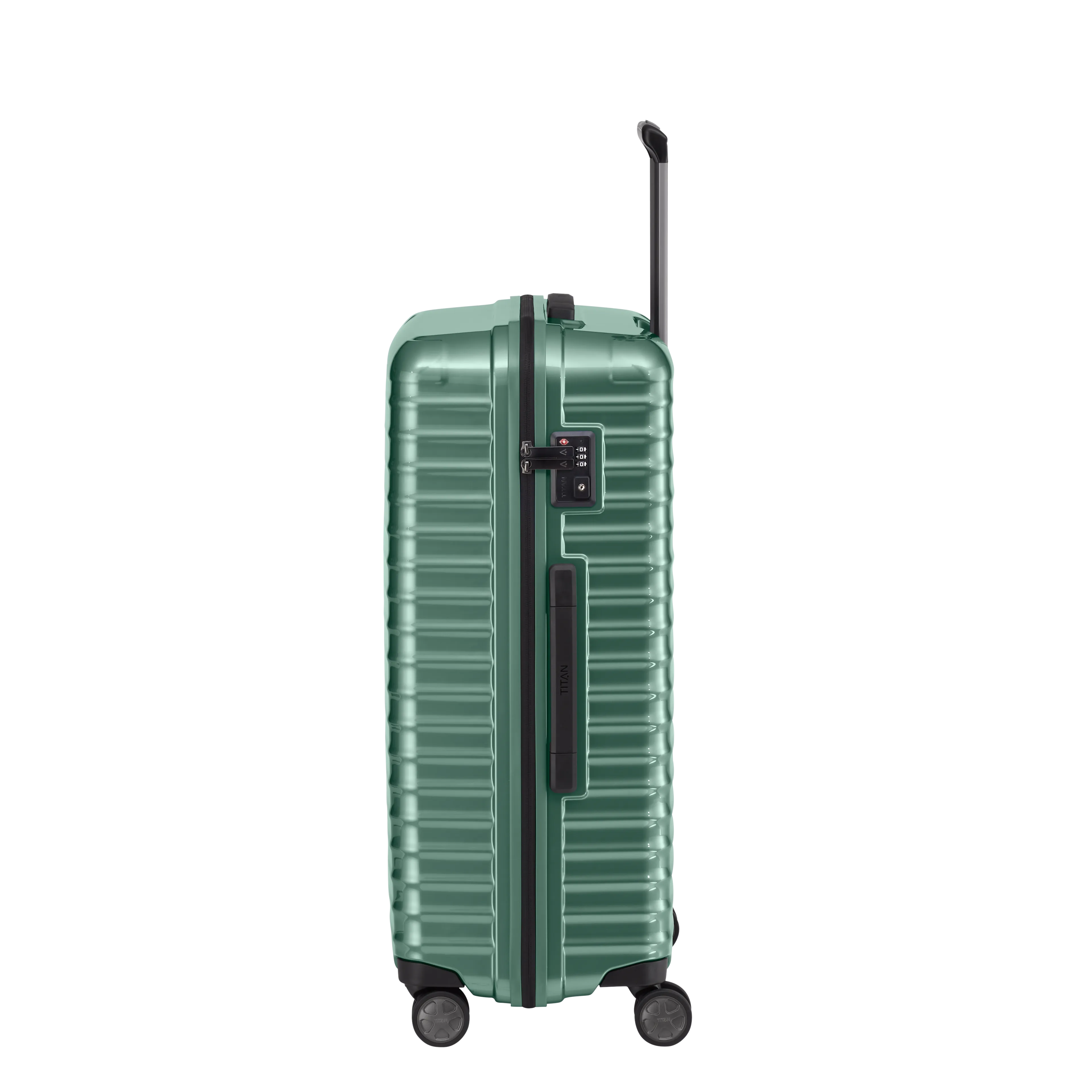 Ein TITAN Koffer der Serie LITRON Seitenansicht in traubengrün Größe L 75cm