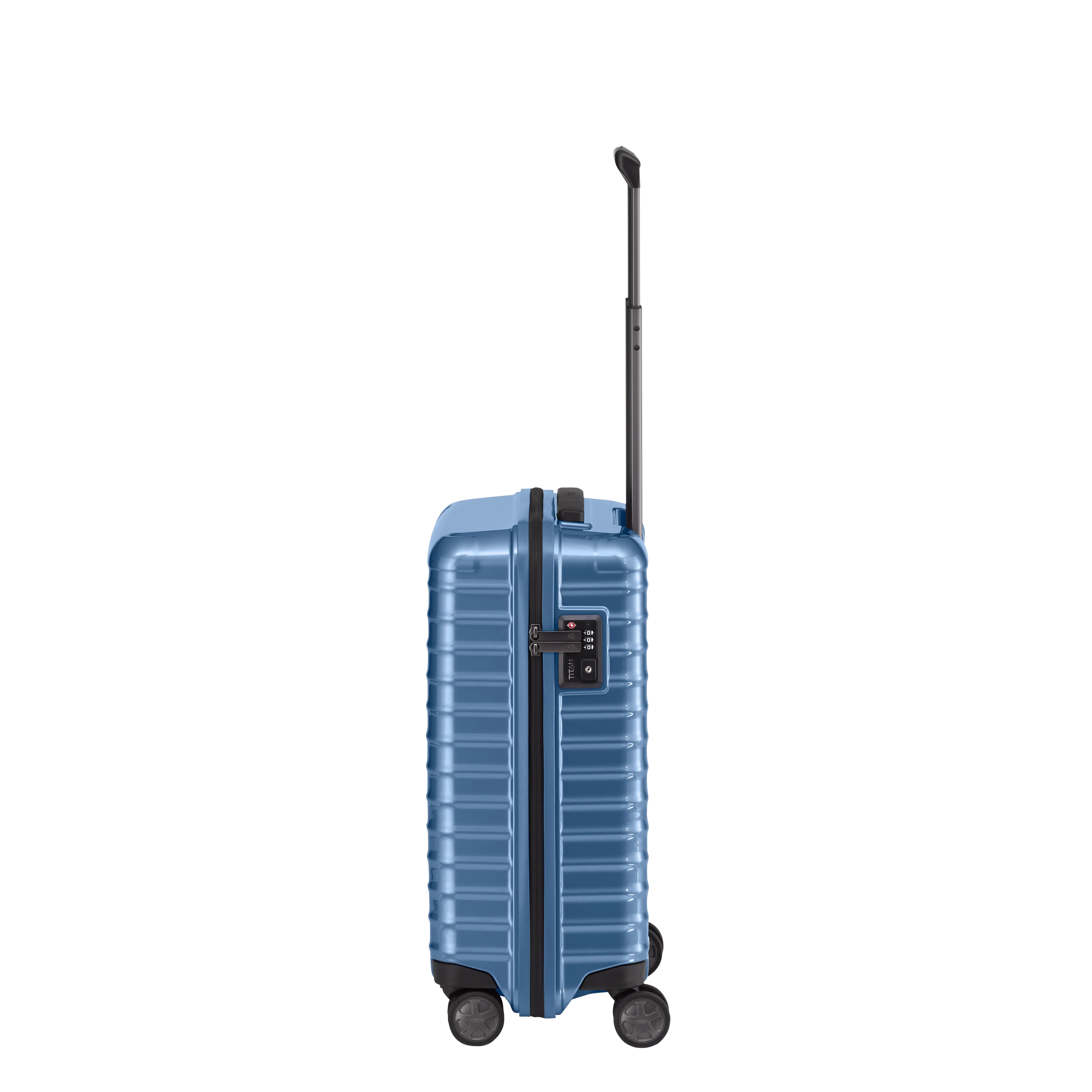 Ein TITAN Koffer der Serie LITRON Seitenansicht in eisblau Größe S 55cm