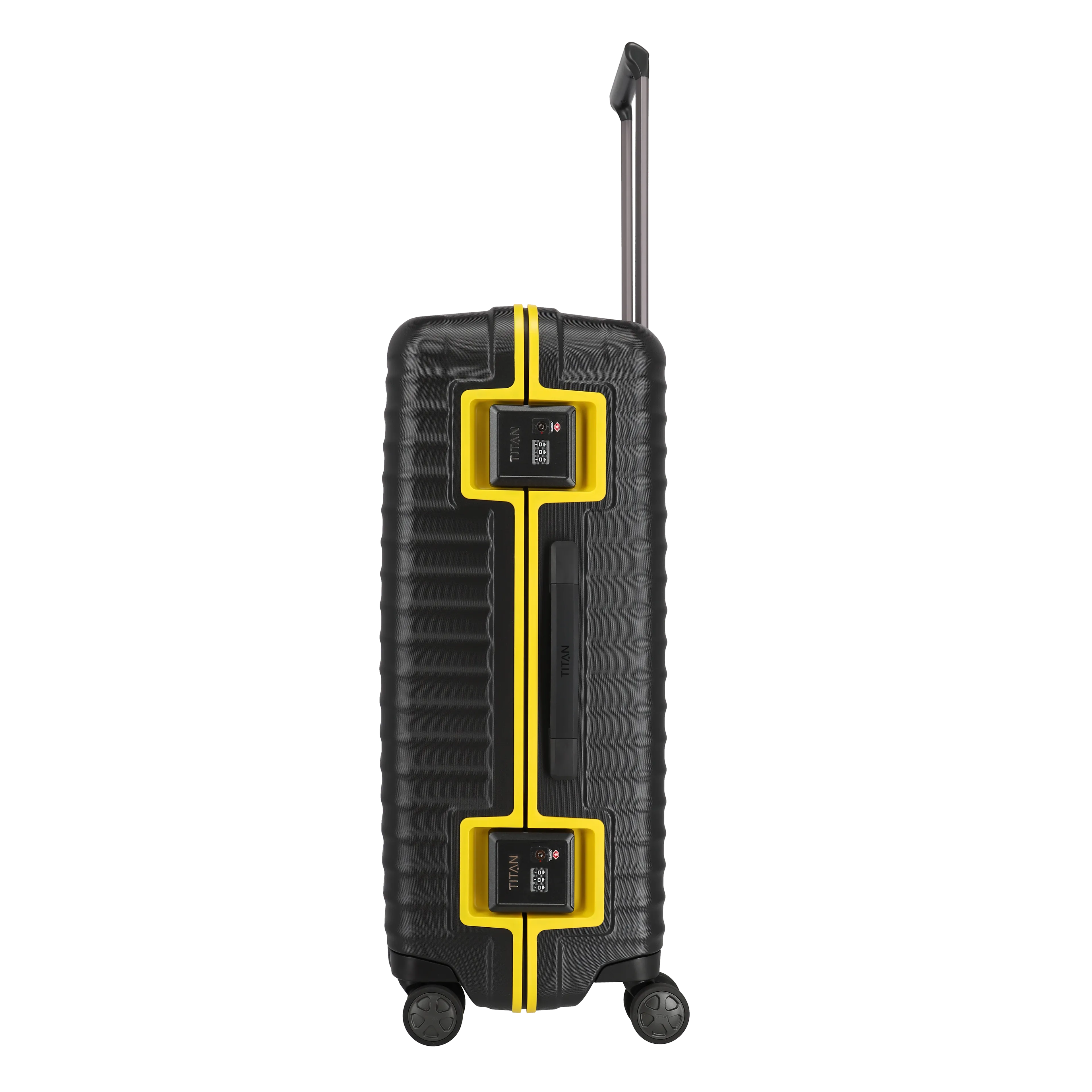 Ein TITAN Koffer der Serie LITRON FrameBVB Edition Seitenansicht in schwarz/gelb Größe L 75cm