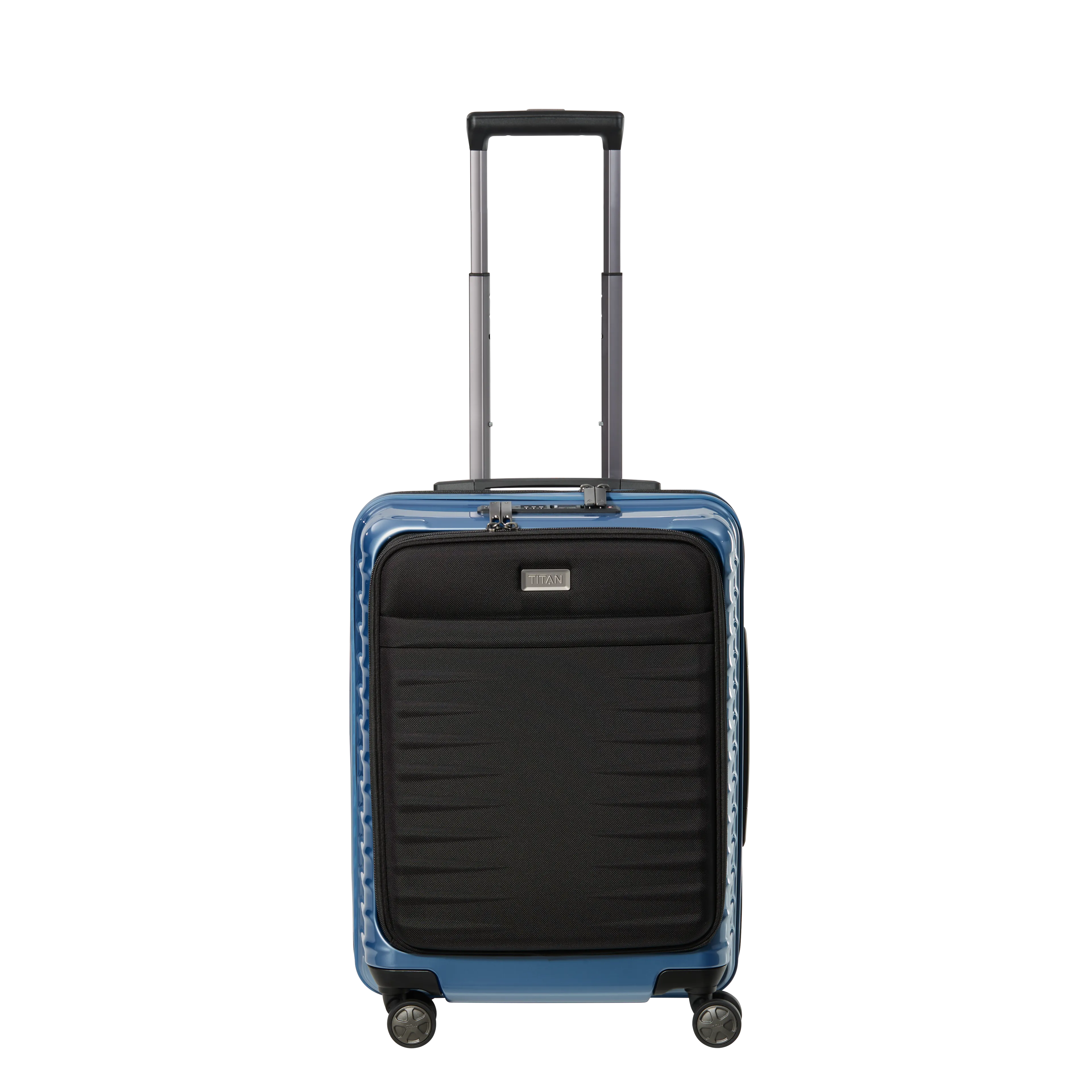 Ein TITAN Koffer der Serie LITRON mit Vortasche Frontansicht in eisblau Größe S 55cm